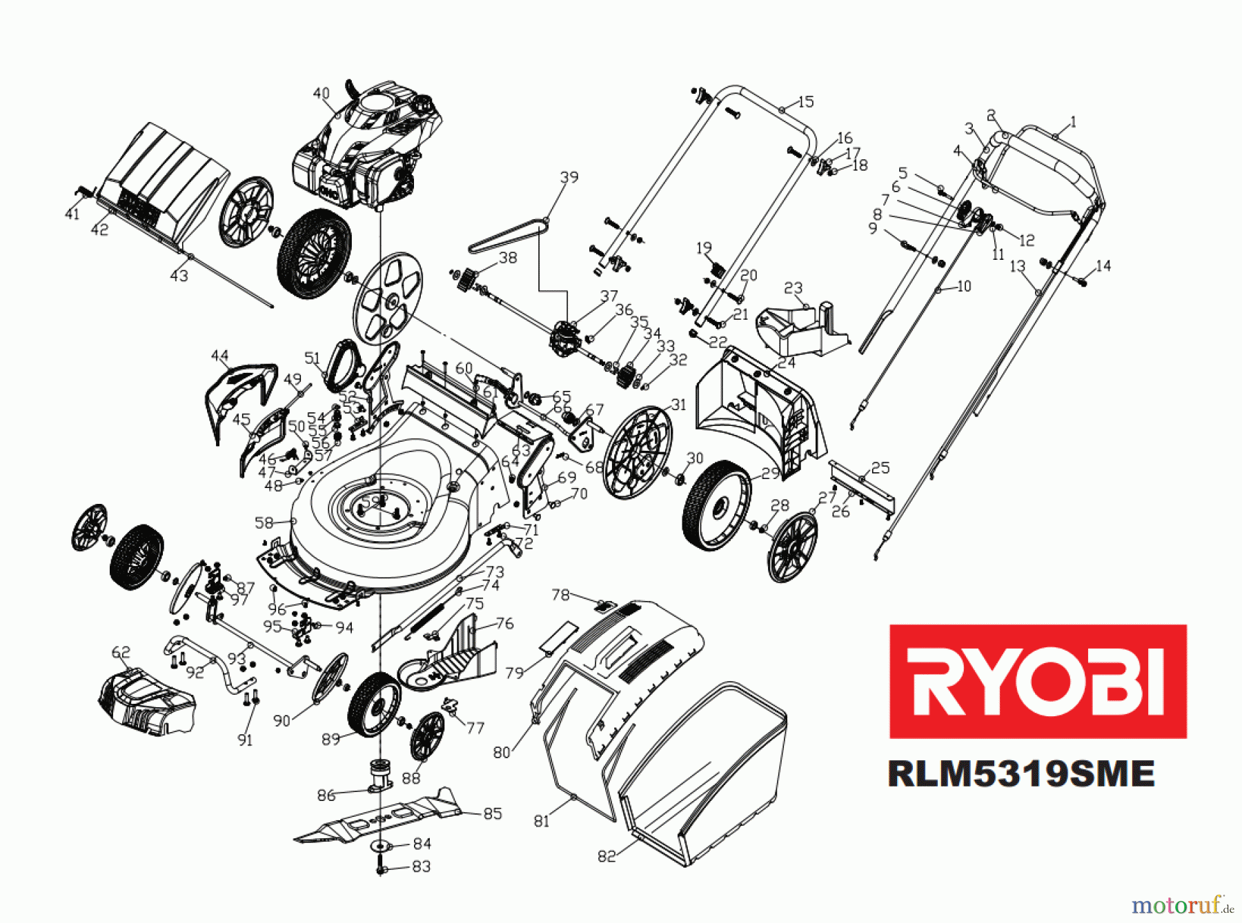  Ryobi Rasenmäher Benzin RLM5319SME Mähdeck, Räder, Holm