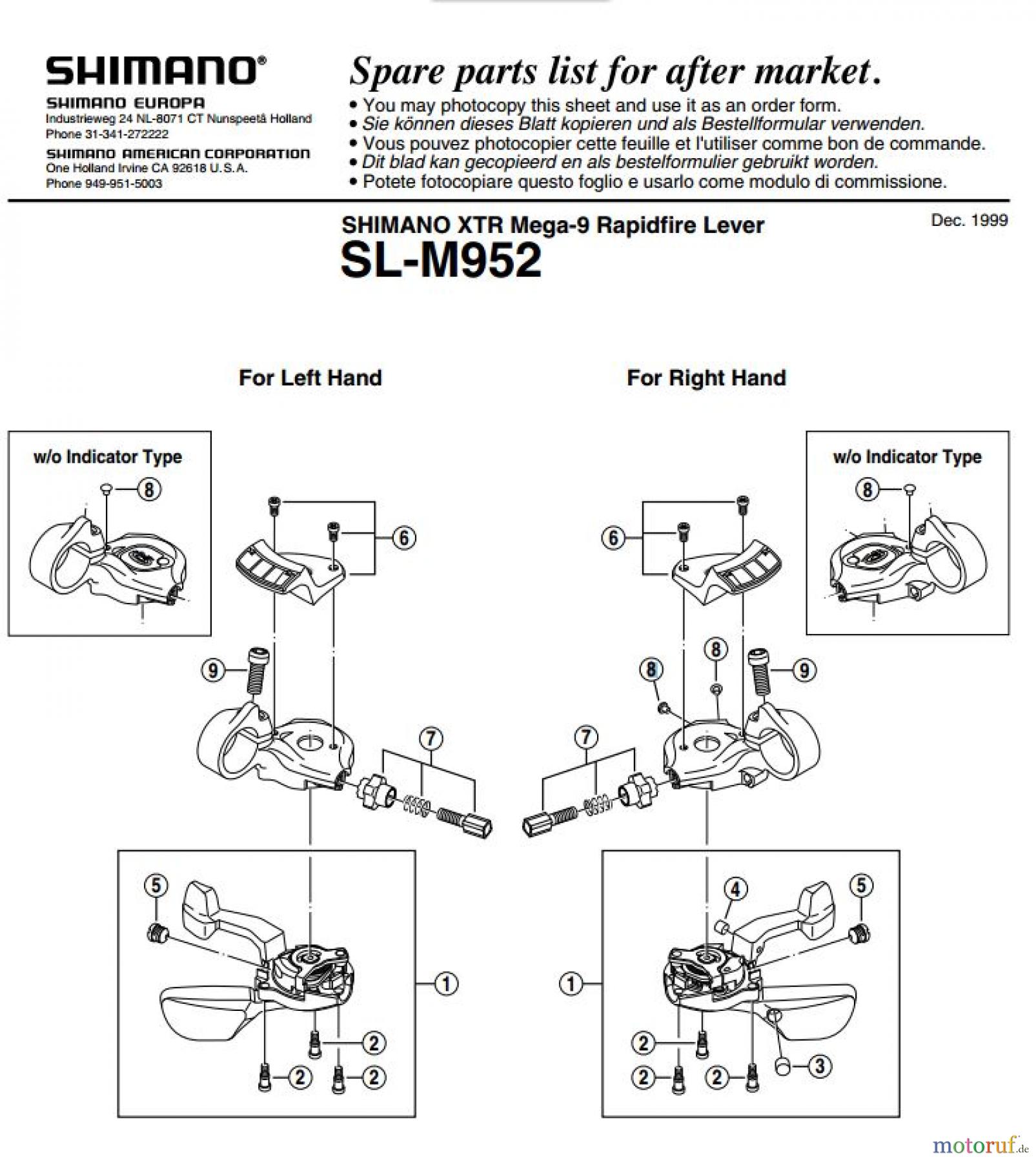  Shimano SL Shift Lever - Schalthebel SL-M952-EV SHIMANO XTR Mega-9 Rapidfire Lever