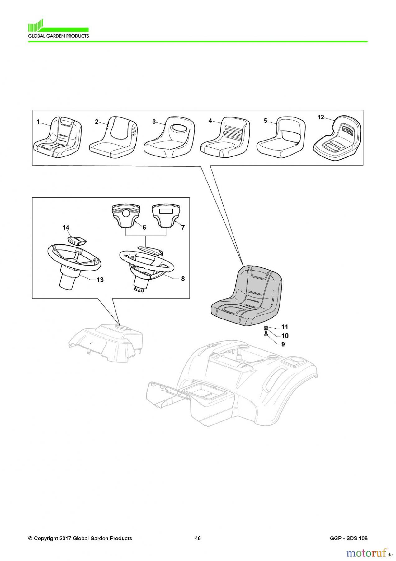  Global Garden Products GGP Aufsitzmäher Seitenauswurf 98-108cm 2017 SDS 108 Seat & Steering Wheel