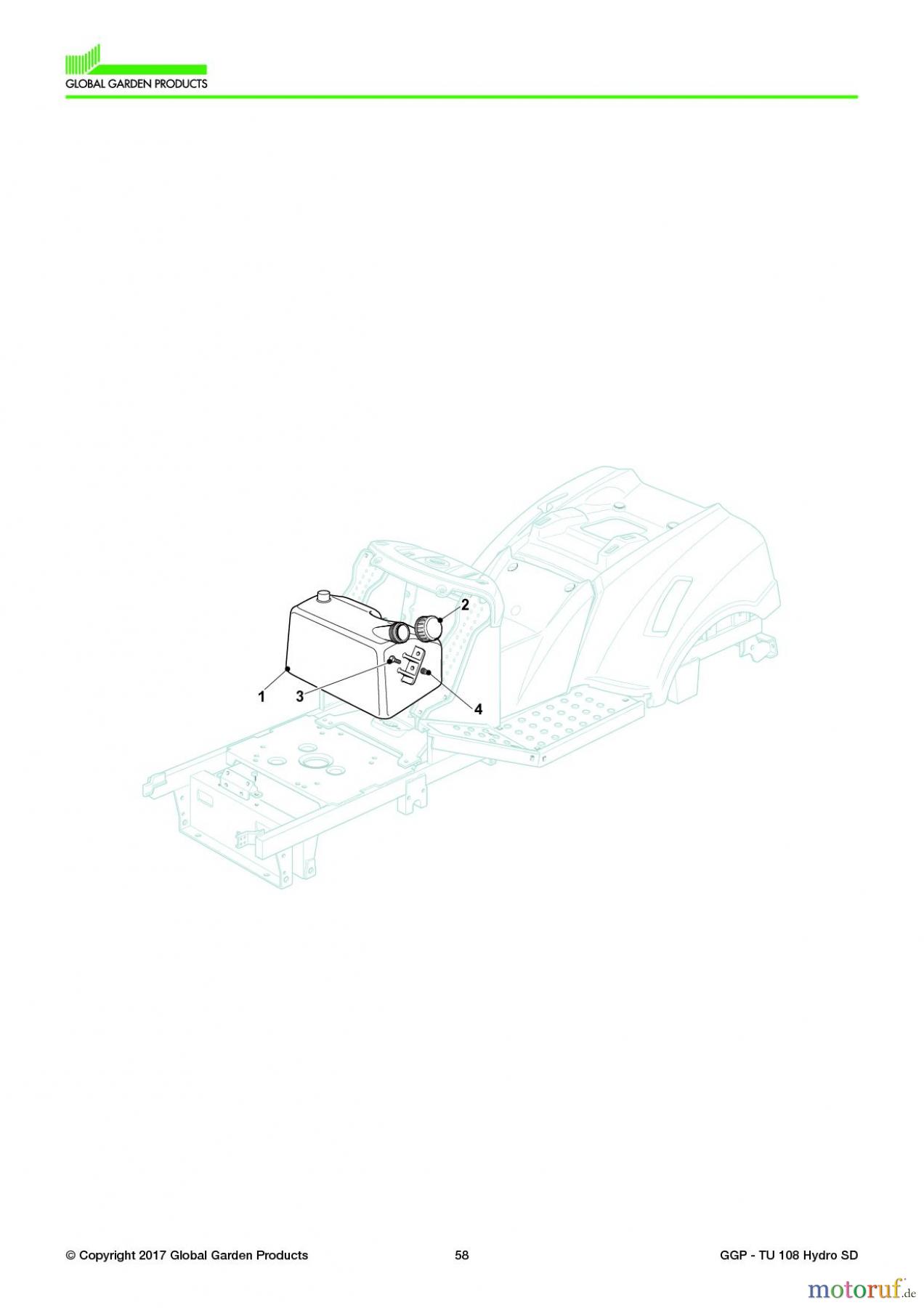  Global Garden Products GGP Aufsitzmäher Seitenauswurf 108-118cm 2017 TU 108 Hydro SD Front F uel Tank - 8Lt with TNS Bonnet