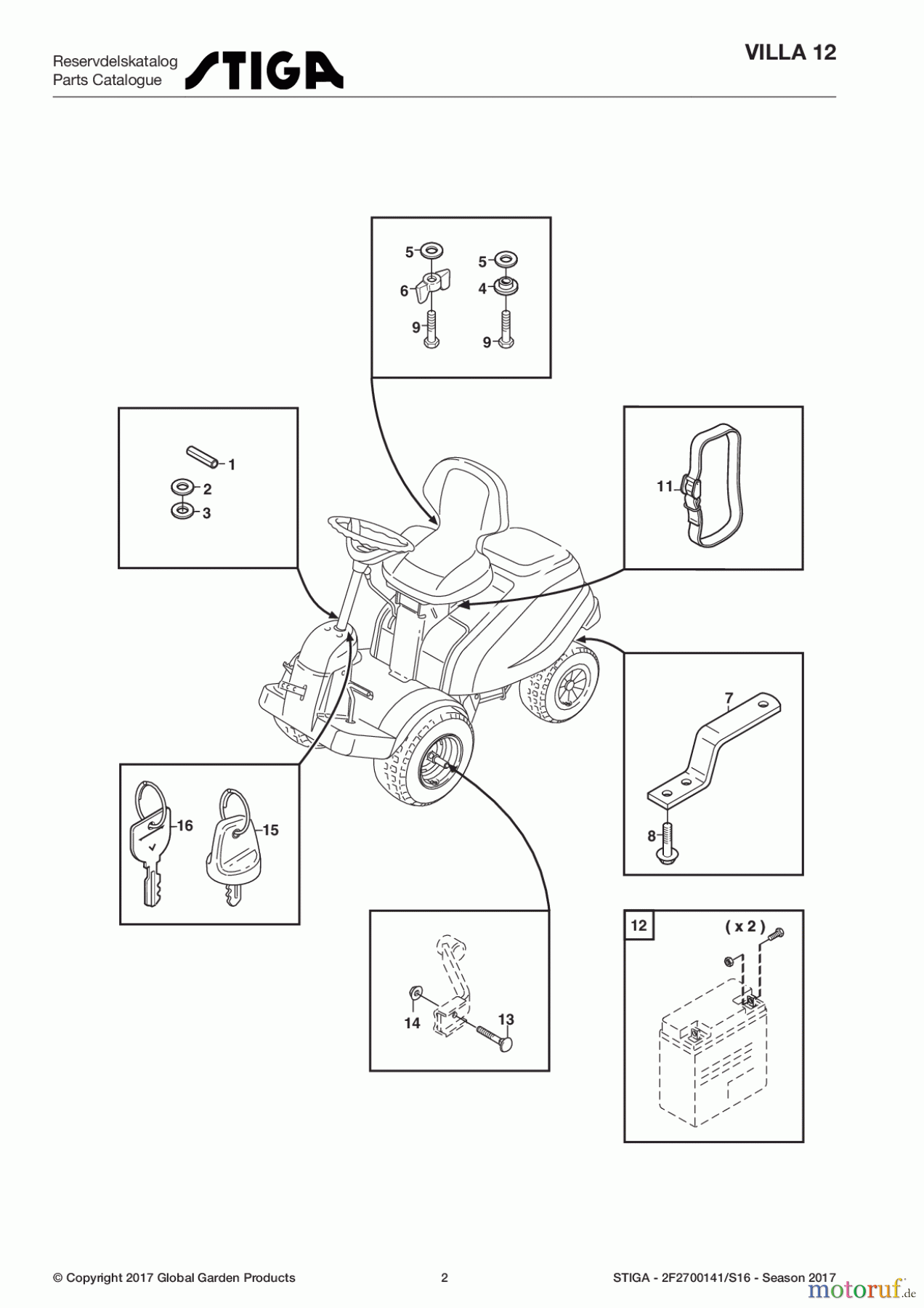  Stiga Frontmäher Baujahr 2017 Villa - Ready 2017 Villa 12 2F2700141/S16 - Season 2017 Assembly parts