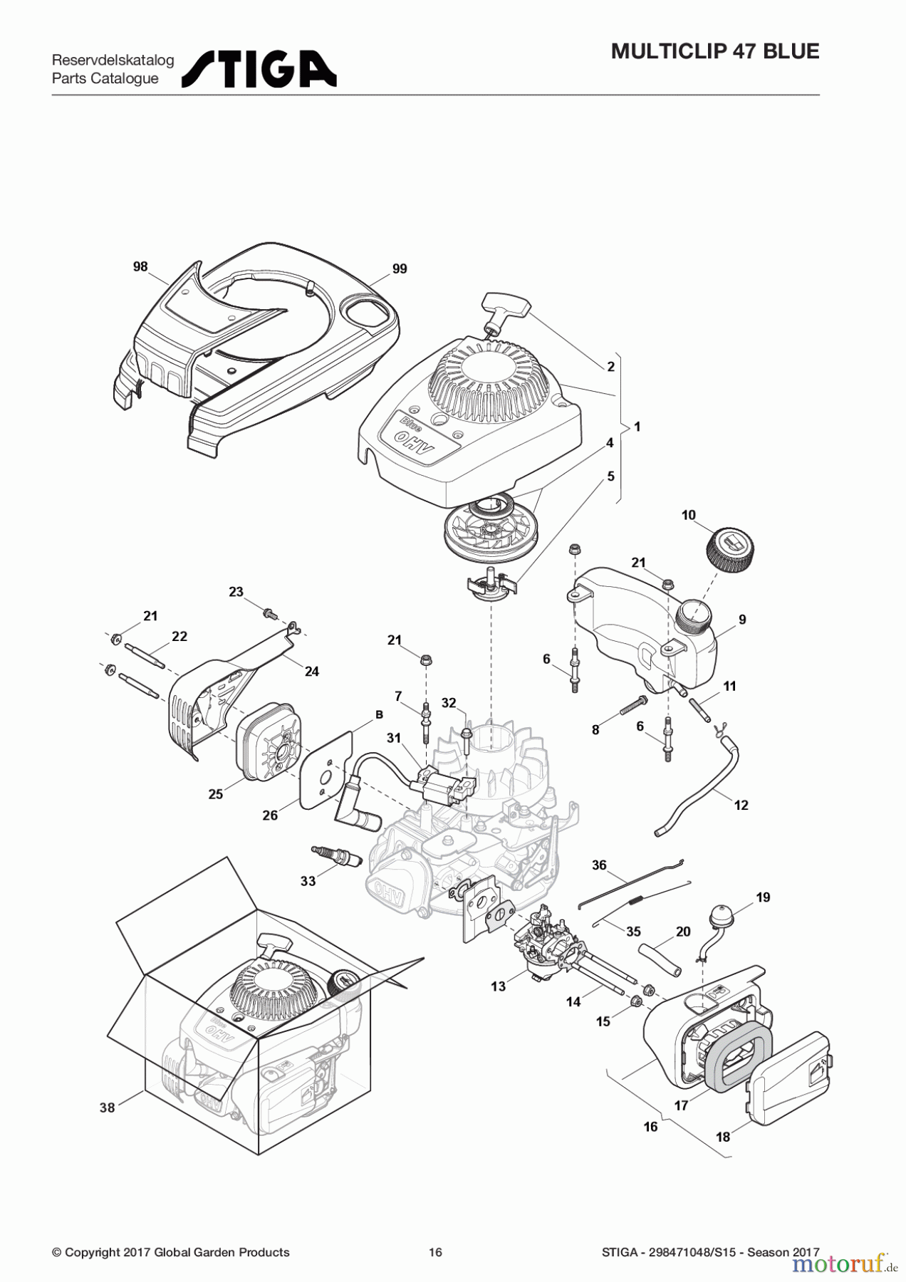  Stiga Rasenmäher Baujahr 2017 Benzin Ohne Antrieb 2017 MULTICLIP 47 BLUE 298471048/S15 - Season 2017 Engine - Carburettor, Tank