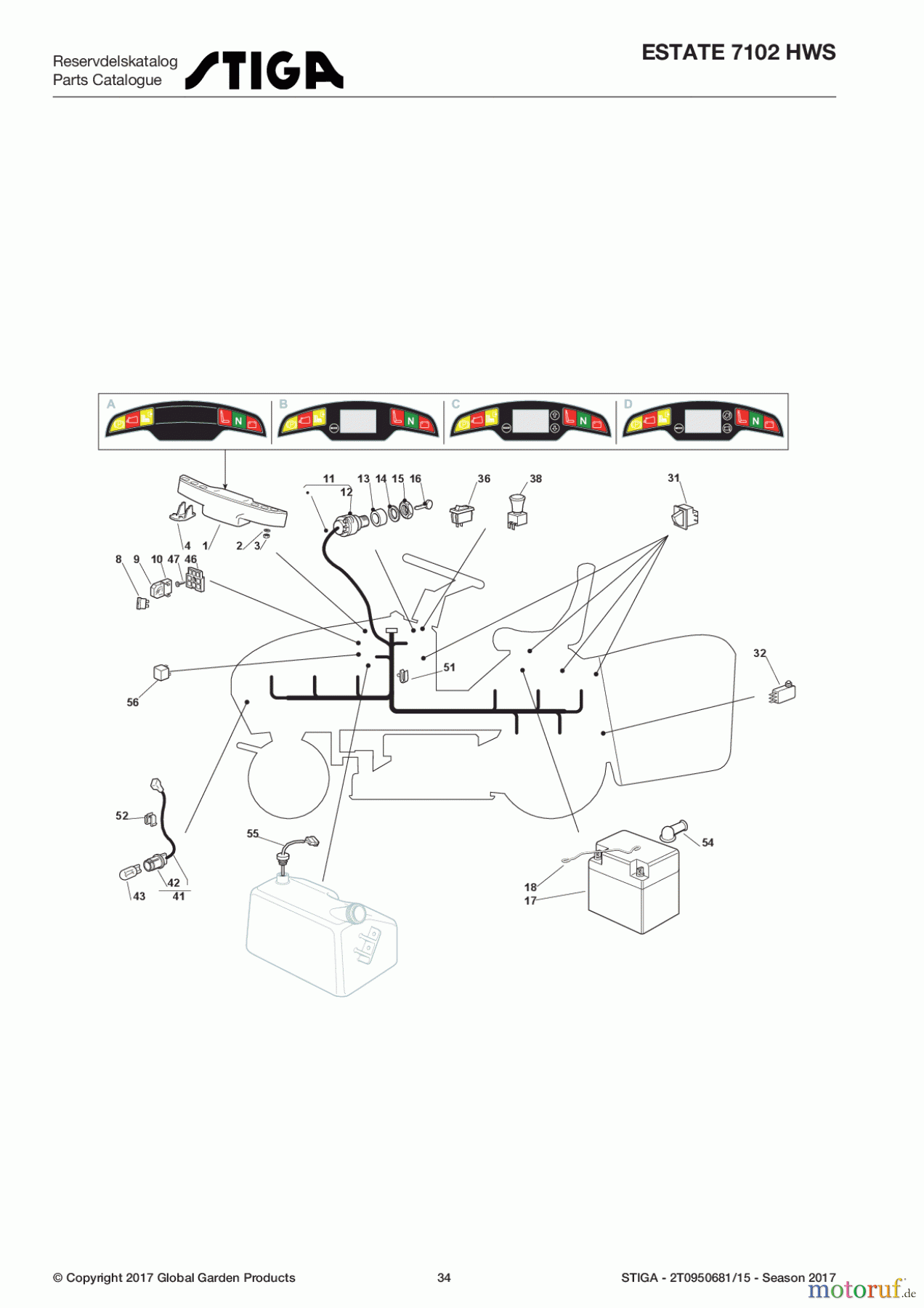  Stiga Aufsitzmäher Baujahr 2017 ESTATE 7102 HWS 2T0950681/15 - Season 2017 Electrical Parts