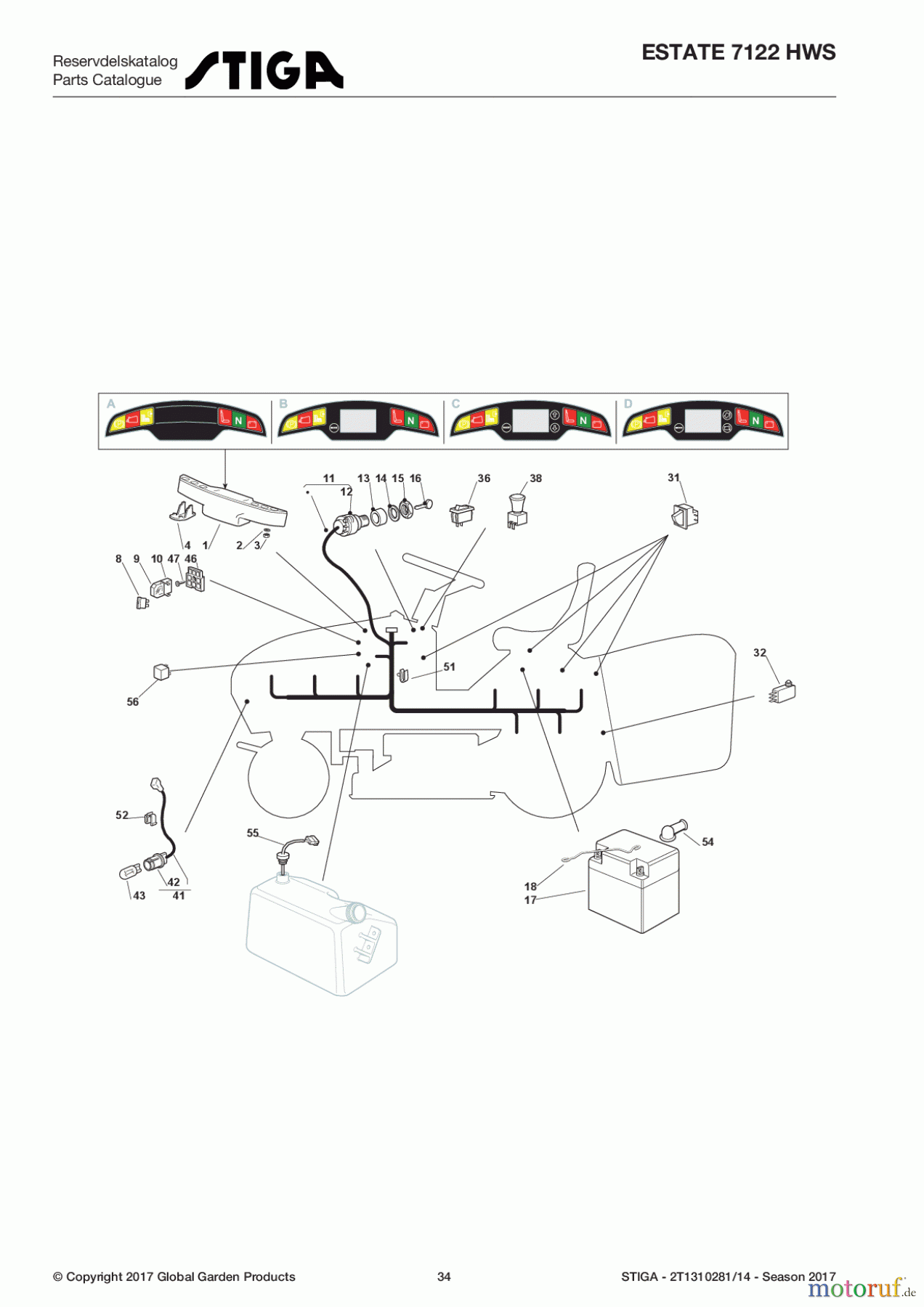  Stiga Rasentraktoren Estate, Tornado tractors 122 cm Sammelfunktion 2017 ESTATE 7122 HWS 2T1310281/14 - Season 2017 Electrical Parts