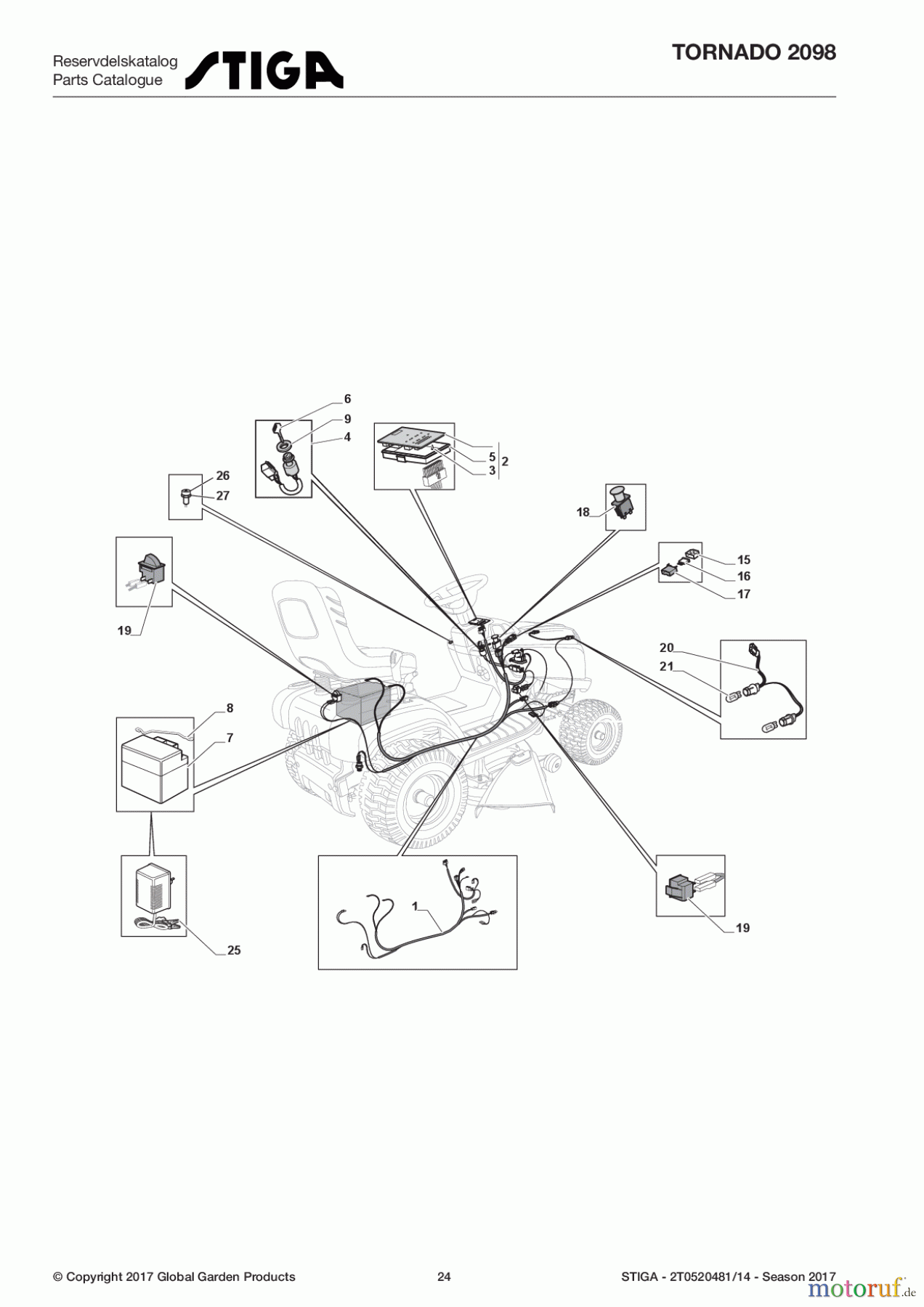  Stiga Aufsitzmäher Baujahr 2017 TORNADO 2098 2T0520481/14 - Season 2017 Electrical Parts