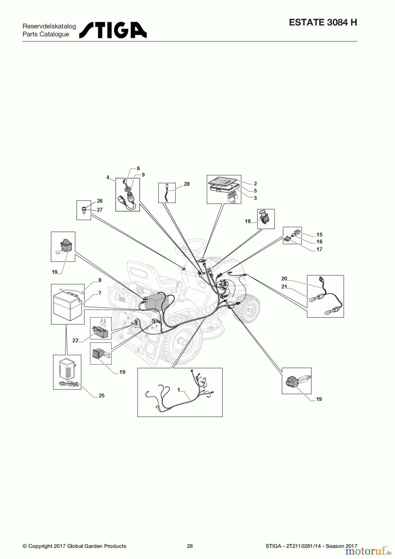  Stiga Rasentraktoren Estate, Tornado tractors 84 cm Sammelfunktion 2017 ESTATE 3084 H 2T2110281/14 - Season 2017 Electrical Parts