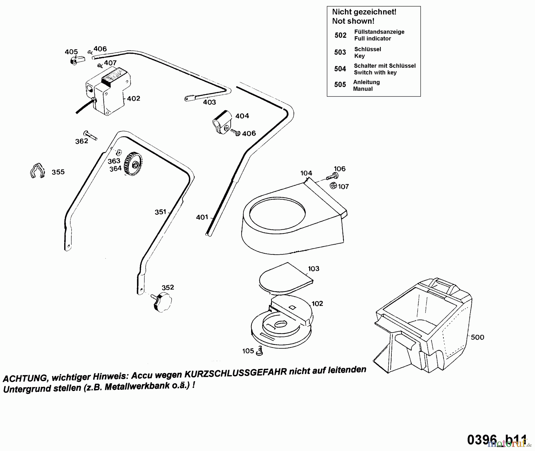  Wolf-Garten Battery mower 6.35 Accu 4934680 Series D  (1996) Grass box, Handle