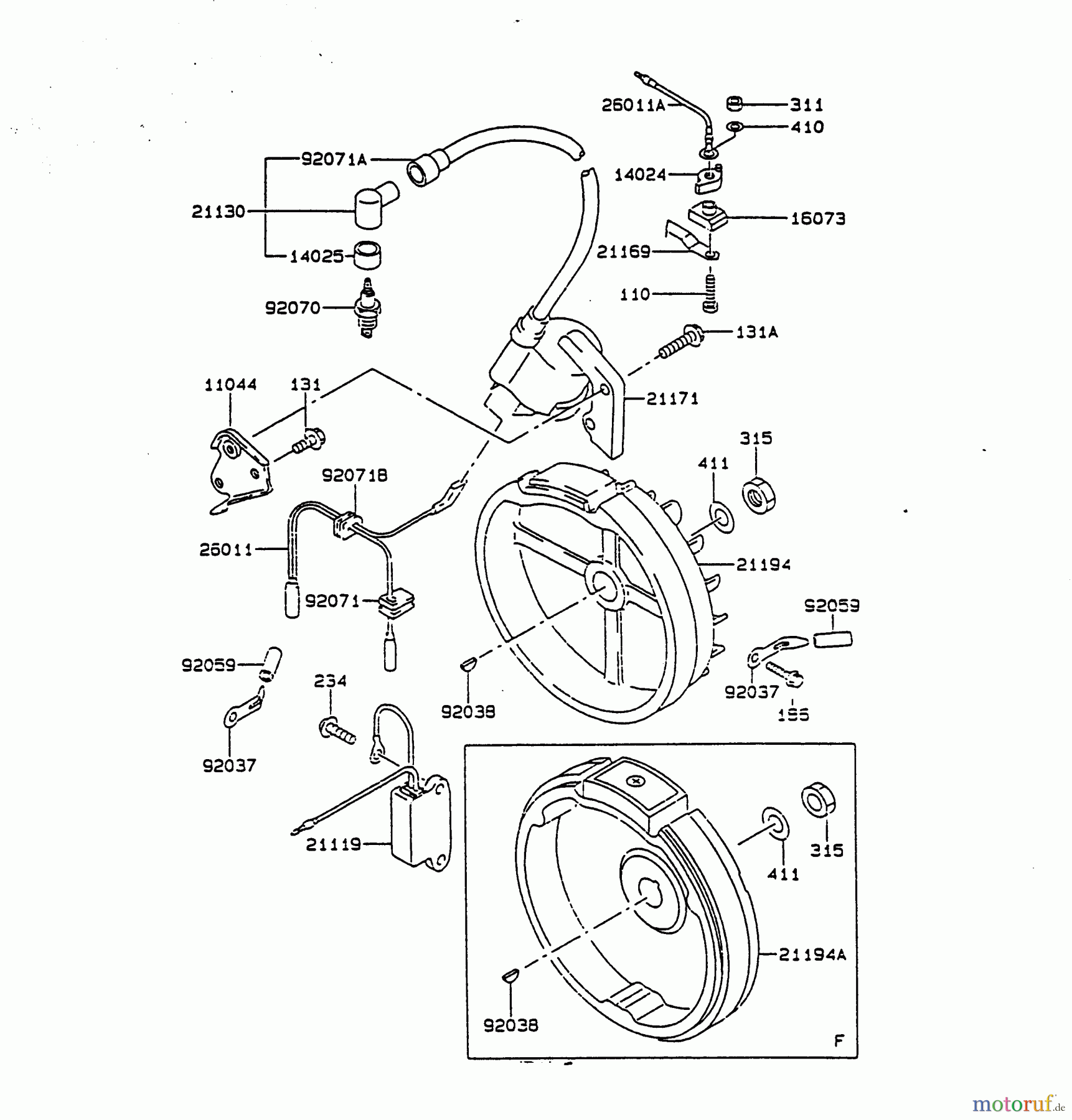  Wolf-Garten Petrol engines Kawasaki FA 76 2055000 Series B-D  (1996) Flywheel, Ignition coil