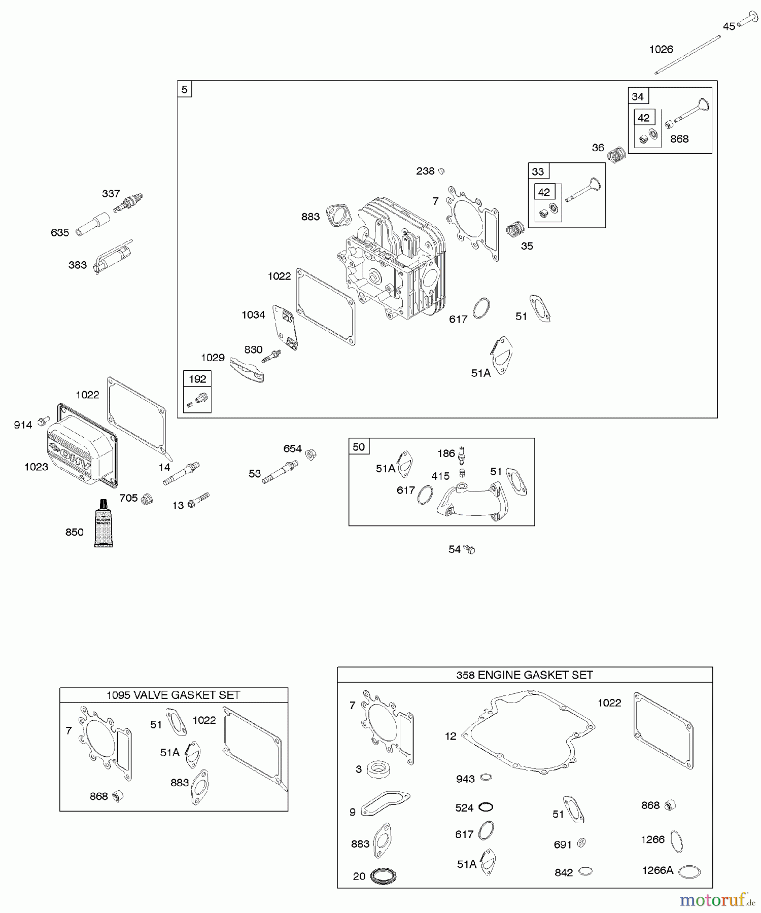  Viking Motoren B & S 21. . . 21A907-0113-E1 G - Zylinderkopf, Dichtungssatz - Motor, Dicht