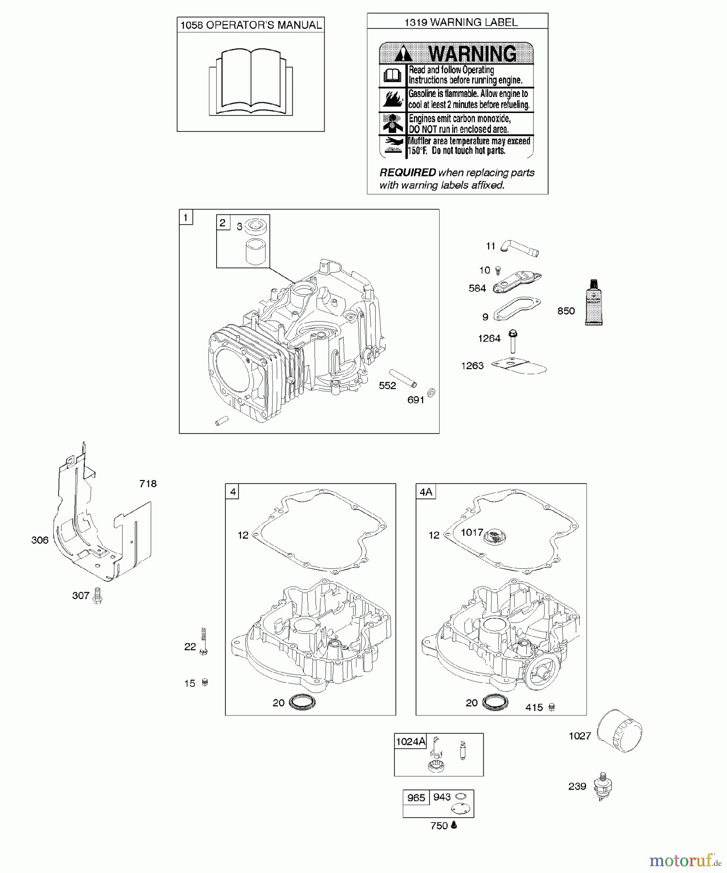  Viking Motoren B & S 21. . . 21A907-0113-E1 H - Zylinder, Motorsumpf, Bedienerhandbuch, Wa