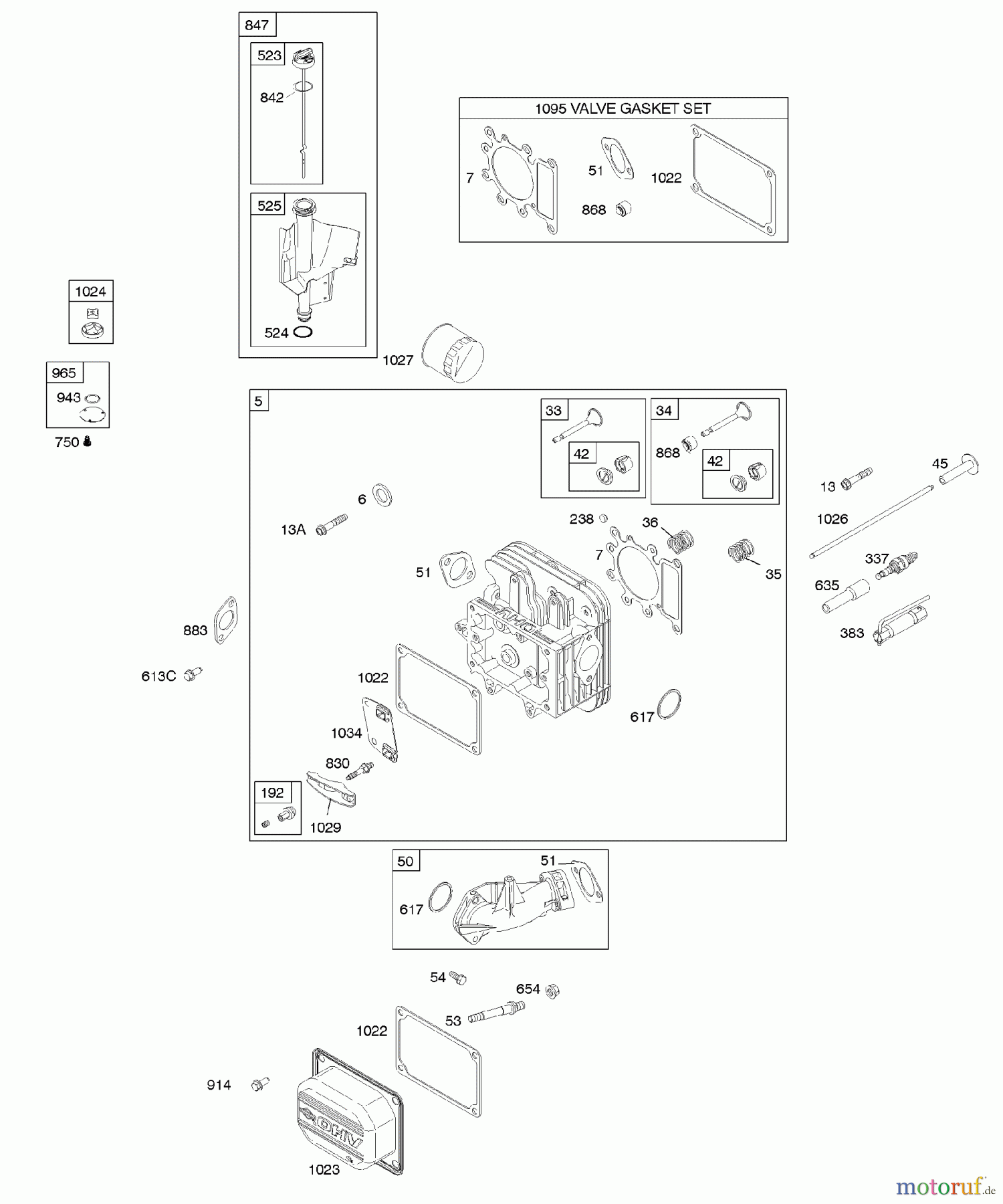  Viking Motoren B & S 28. . . 282H07-0111-E1 E - Zylinderkopf, Dichtungssatz - Ventil, Schm