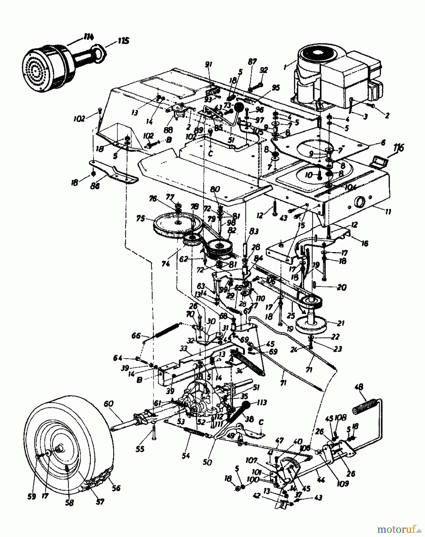  Super Lawn tractors Super 111 136-6981  (1986) Drive system, Engine pulley, Pedal, Rear wheels