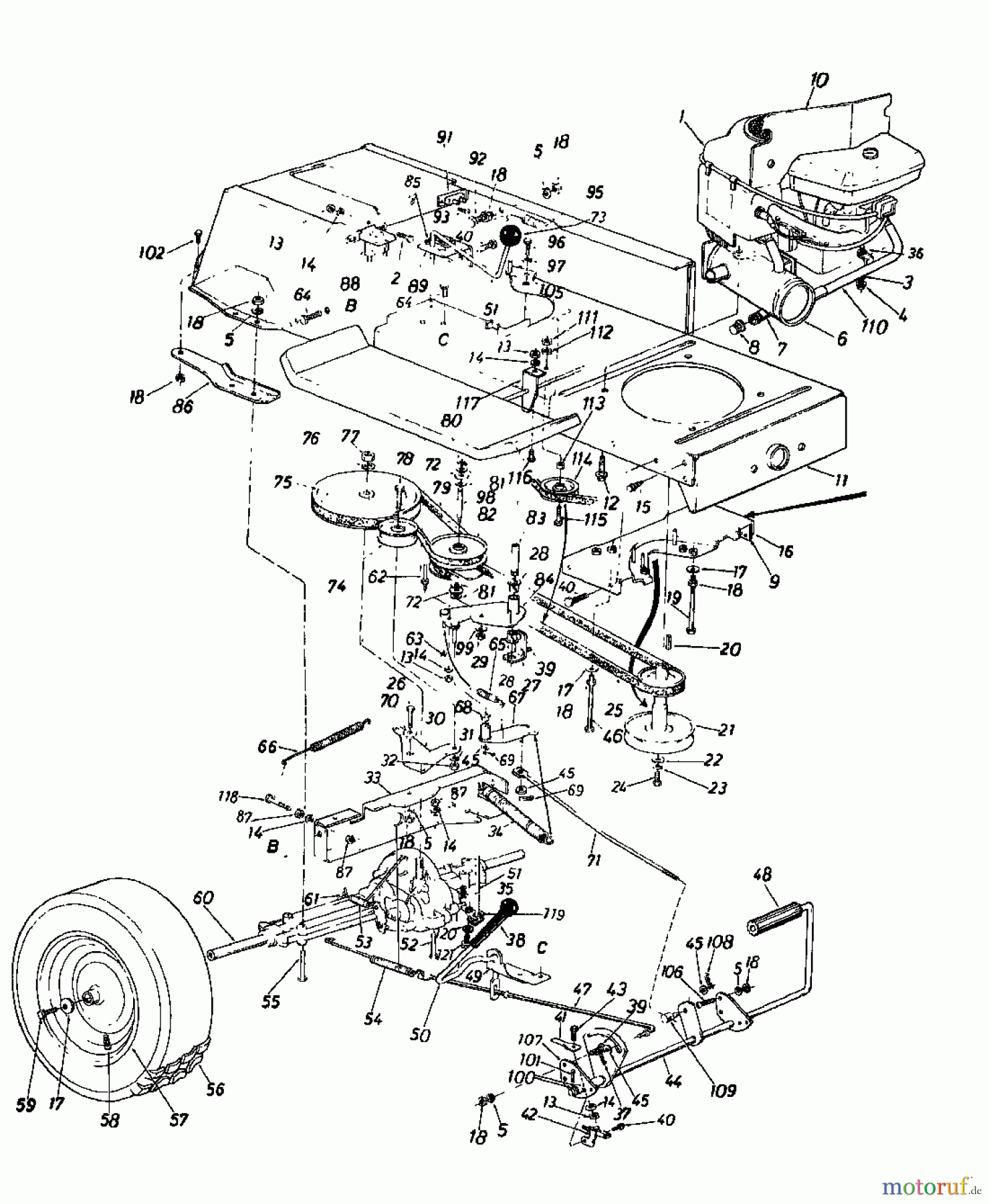  Super Lawn tractors Super 14110 137-6820  (1987) Drive system, Engine pulley, Pedal, Rear wheels