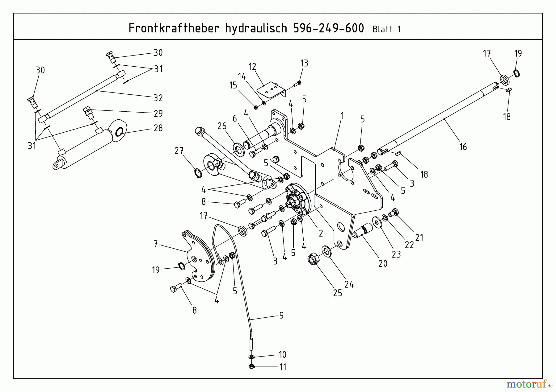  MTD Accessories Accessories compact tractors Front Triangle for CC 2000/3000 RD series, hydraulic (not CC 2250 RD) 596-249-600  (2011) Hydraulic cylinder, Bracket right hand, Deviating shaft