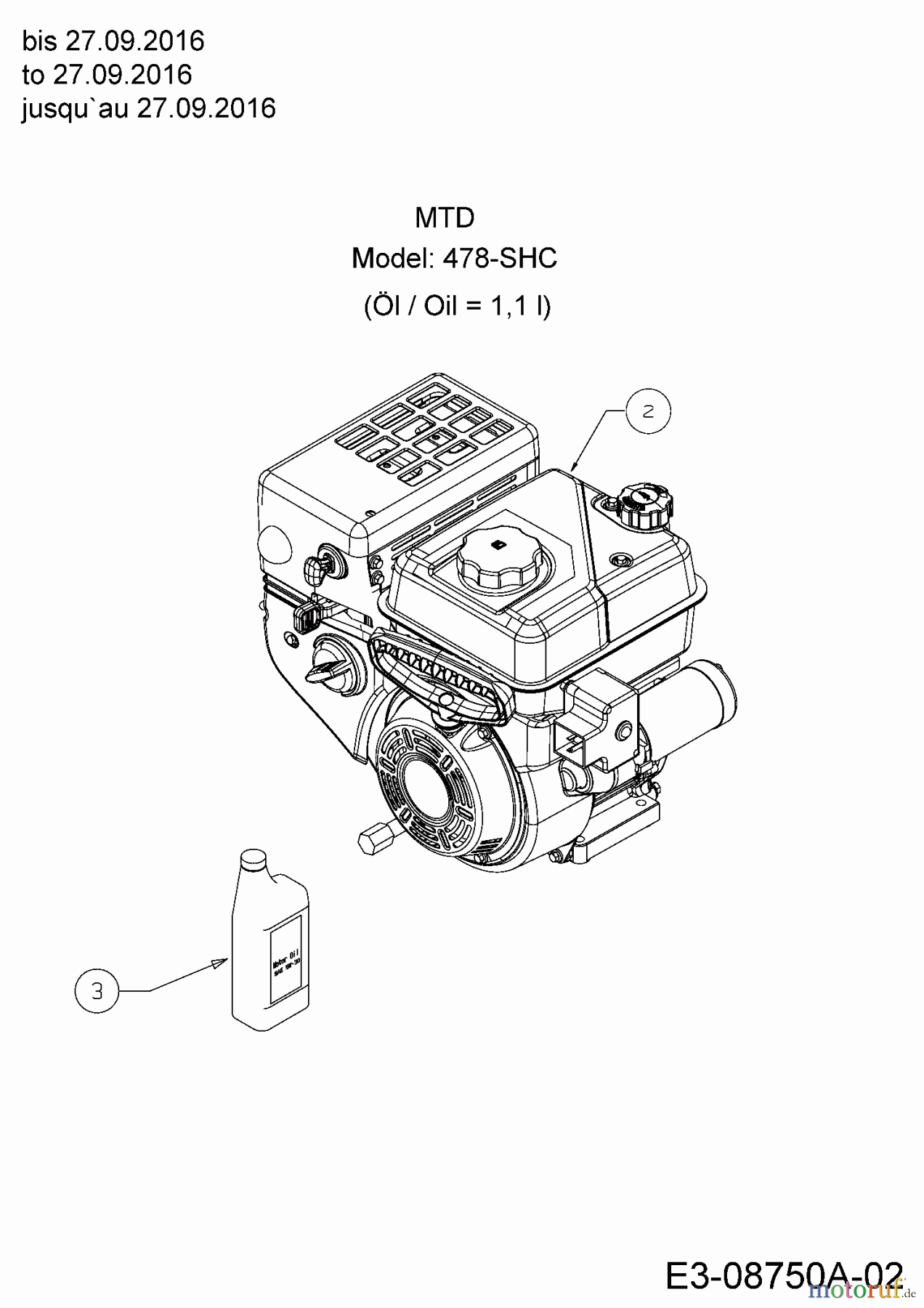  MTD Snow throwers Optima ME 66 31AY54T3678  (2017) Engine MTD to 27.09.2016