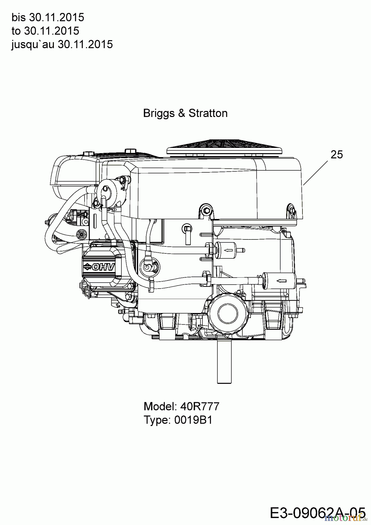  Cub Cadet Lawn tractors CC 1020 BHN 13HT91AN603  (2016) Engine Briggs & Stratton to 30.11.2015