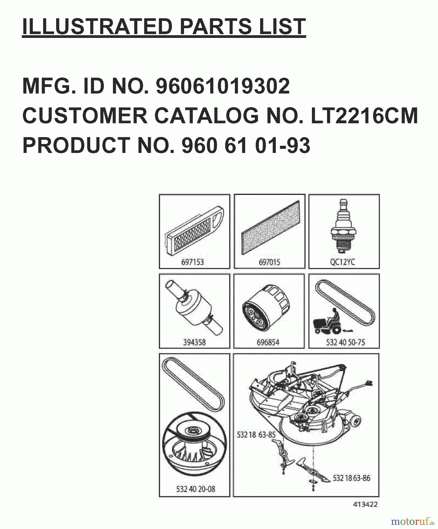  Jonsered Rasen  und Garten Traktoren LT2216 CM (96061019302) - Jonsered Lawn & Garden Tractor (2007-11) FREQUENTLY USED PARTS