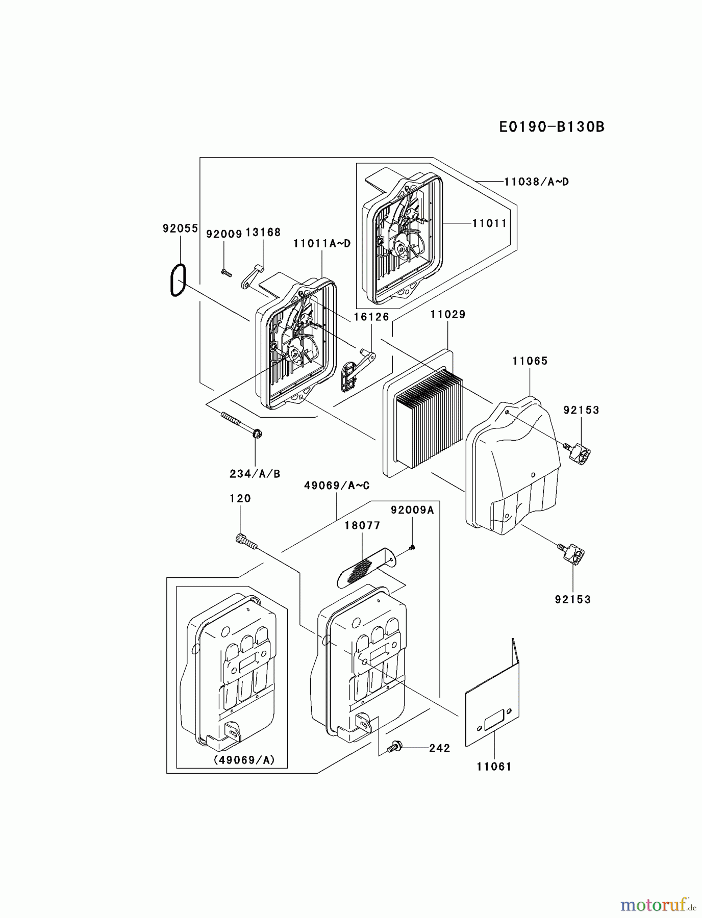  Kawasaki Geräte Bläser / Sauger / Häcksler / Zerkleinerer KRB750A-A1 (KRB750A) - Kawasaki Backpack Blower AIR-FILTER/MUFFLER