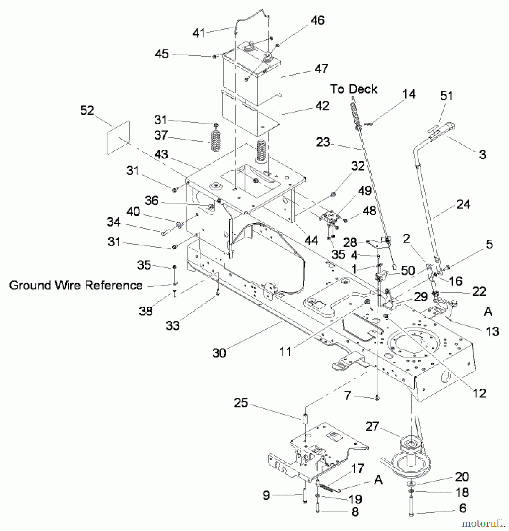  Toro Neu Mowers, Lawn & Garden Tractor Seite 1 13AT61RH544 (LX466) - Toro LX466 Lawn Tractor, 2008 (SN 1-) FRAME, BATTERY AND MANUAL PTO ASSEMBLY