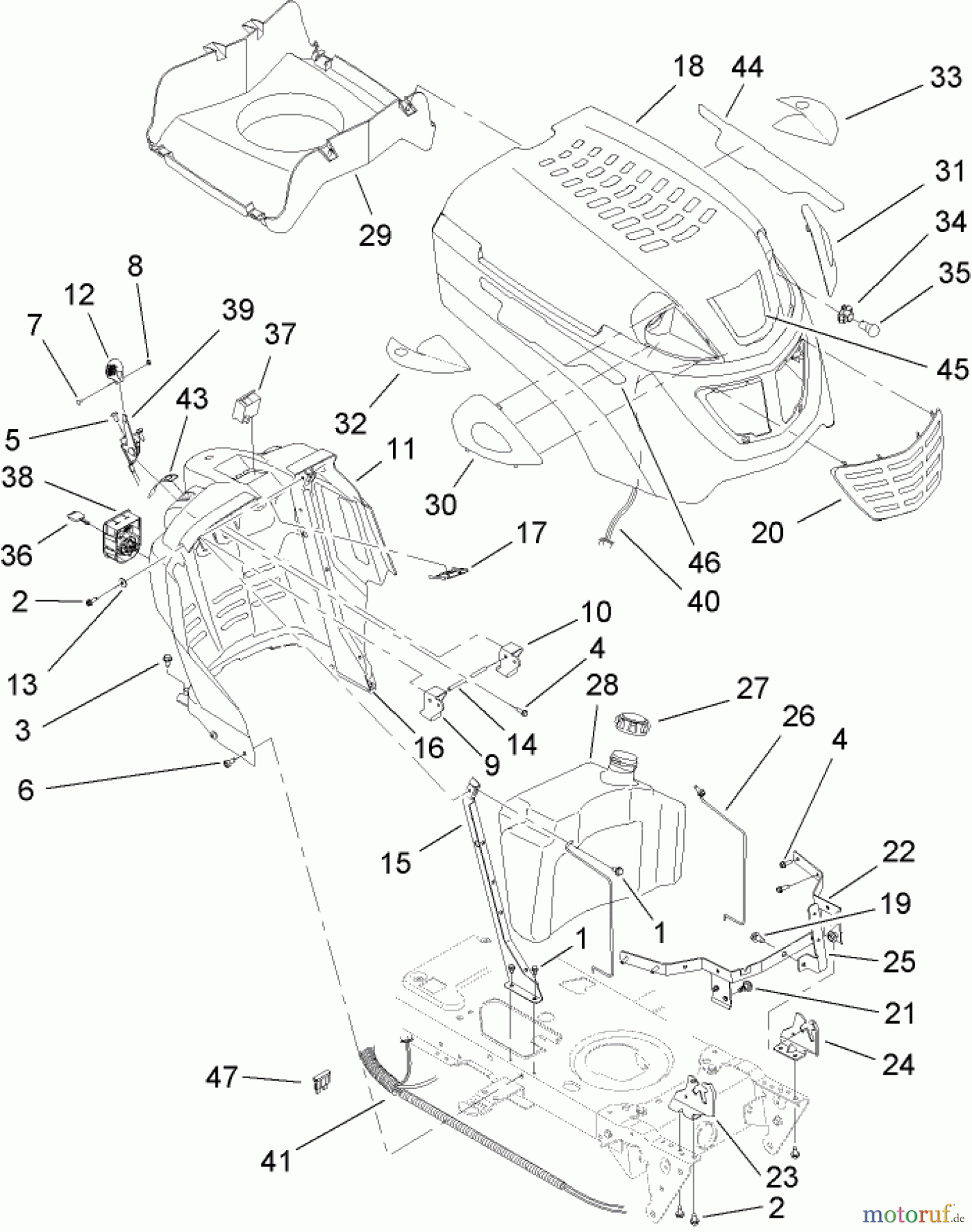  Toro Neu Mowers, Lawn & Garden Tractor Seite 1 13AX60RH744 (LX460) - Toro LX460 Lawn Tractor, 2006 (1A056B50000-) FUEL TANK AND HOOD ASSEMBLY