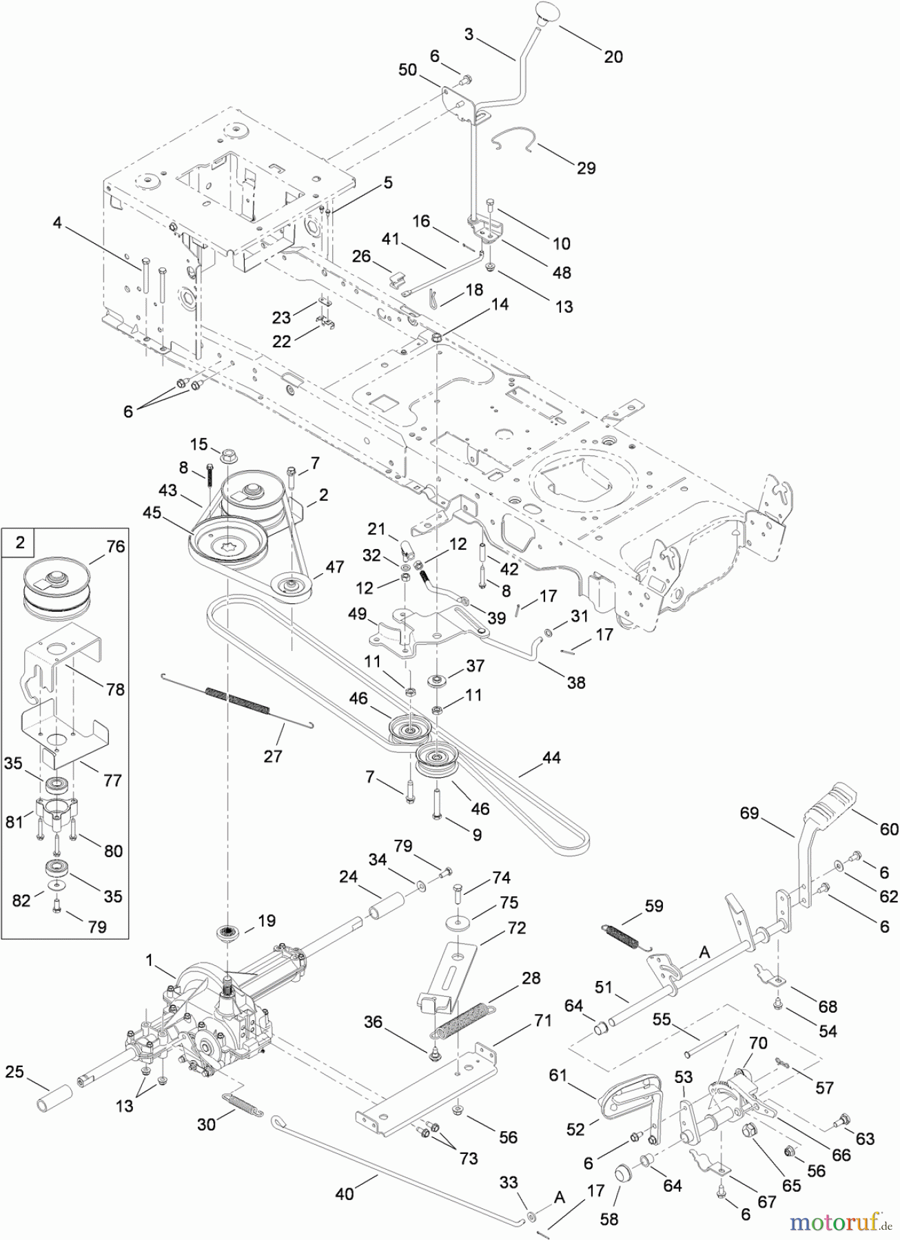  Toro Neu Mowers, Lawn & Garden Tractor Seite 1 13AX90RS848 (LX423) - Toro LX423 Lawn Tractor, 2010 (1-1) TRANSMISSION, BELT AND DRIVE ASSEMBLY