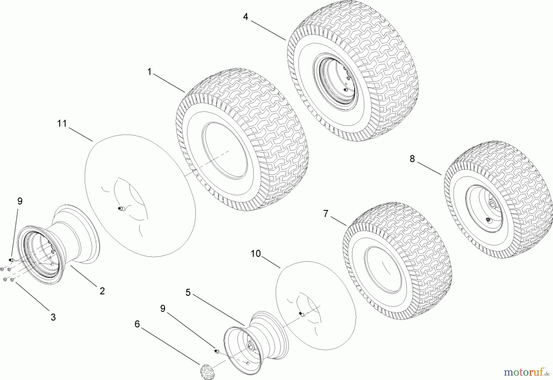  Toro Neu Mowers, Lawn & Garden Tractor Seite 1 14AK81RK744 (GT2300) - Toro GT2300 Garden Tractor, 2006 (1A186H30000-) FRONT AND REAR WHEEL ASSEMBLY