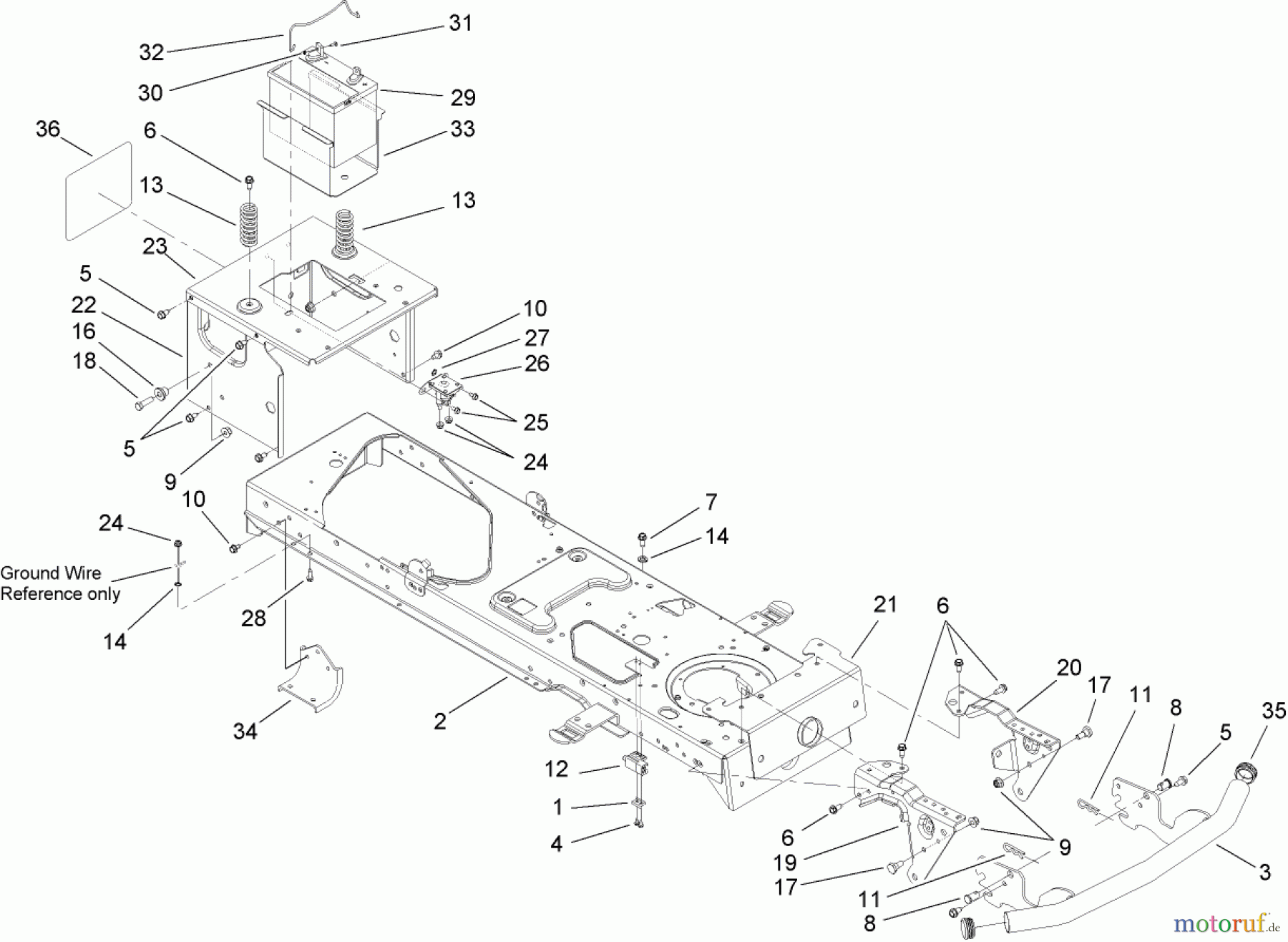  Toro Neu Mowers, Lawn & Garden Tractor Seite 1 14AP80RP744 (GT2100) - Toro GT2100 Garden Tractor, 2006 (1A136H30000-) FRAME AND BATTERY ASSEMBLY