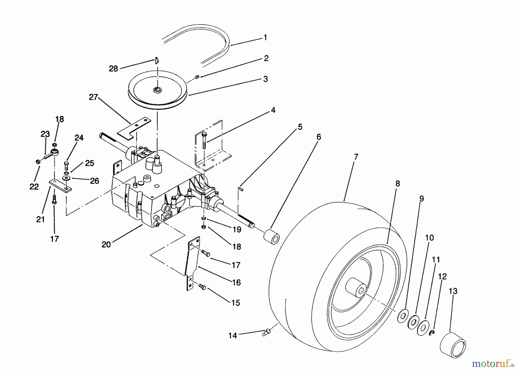  Toro Neu Mowers, Lawn & Garden Tractor Seite 1 22-14O501 (244-5) - Toro 244-5 Yard Tractor, 1991 (1000001-1999999) REAR WHEEL AND TRANSMISSION ASSEMBLY