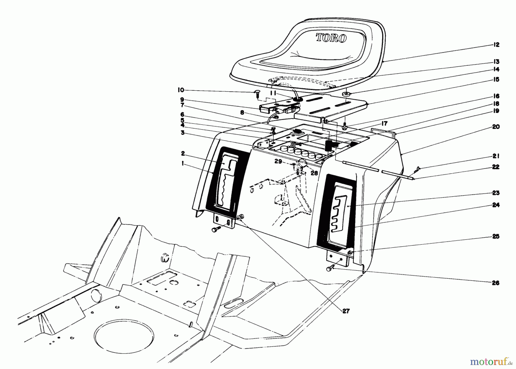  Toro Neu Mowers, Lawn & Garden Tractor Seite 1 57360 (11-32) - Toro 11-32 Lawn Tractor, 1981 (1000001-1999999) REAR BODY & SEAT ASSEMBLY