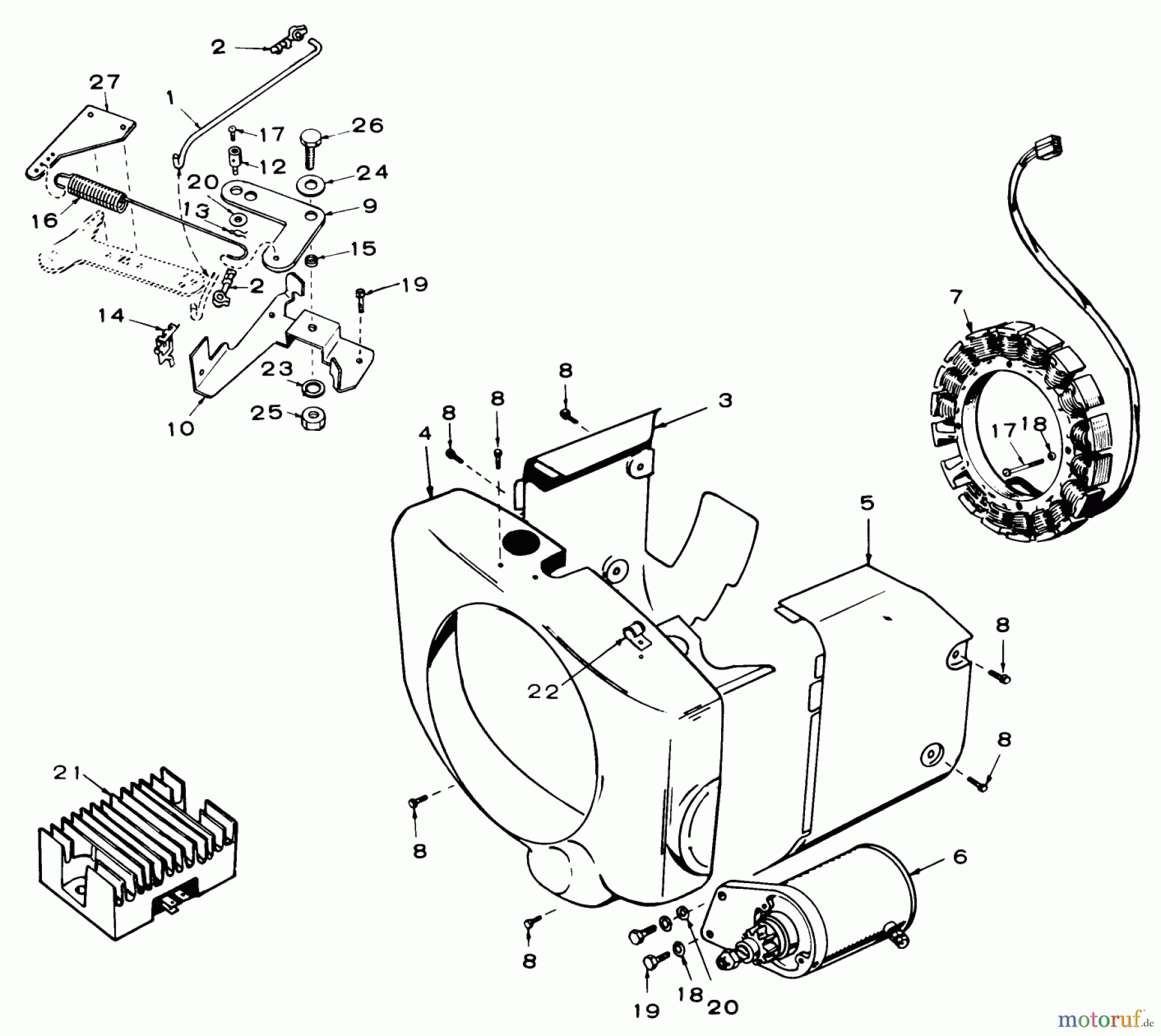  Toro Neu Mowers, Lawn & Garden Tractor Seite 1 61-16OS01 (D-160) - Toro D-160 Automatic Tractor, 1976 GOVERNOR, STARTER, CHARGING ALTERNATOR AND BLOWER HOUSING GROUP-16 HP ONAN ENGINE