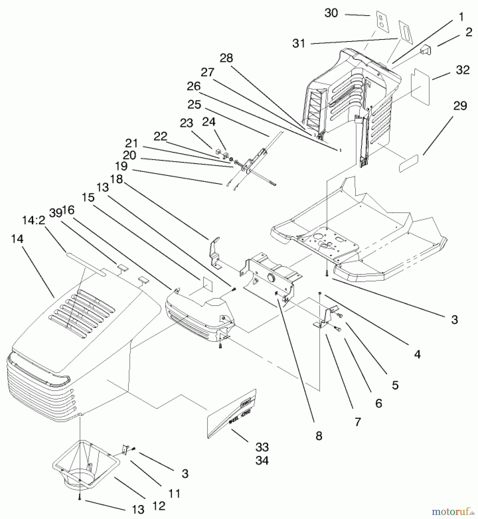  Toro Neu Mowers, Lawn & Garden Tractor Seite 1 71199 (12-32XL) - Toro 12-32XL Lawn Tractor, 1999 (9900001-9999999) HOOD & TOWER ASSEMBLY