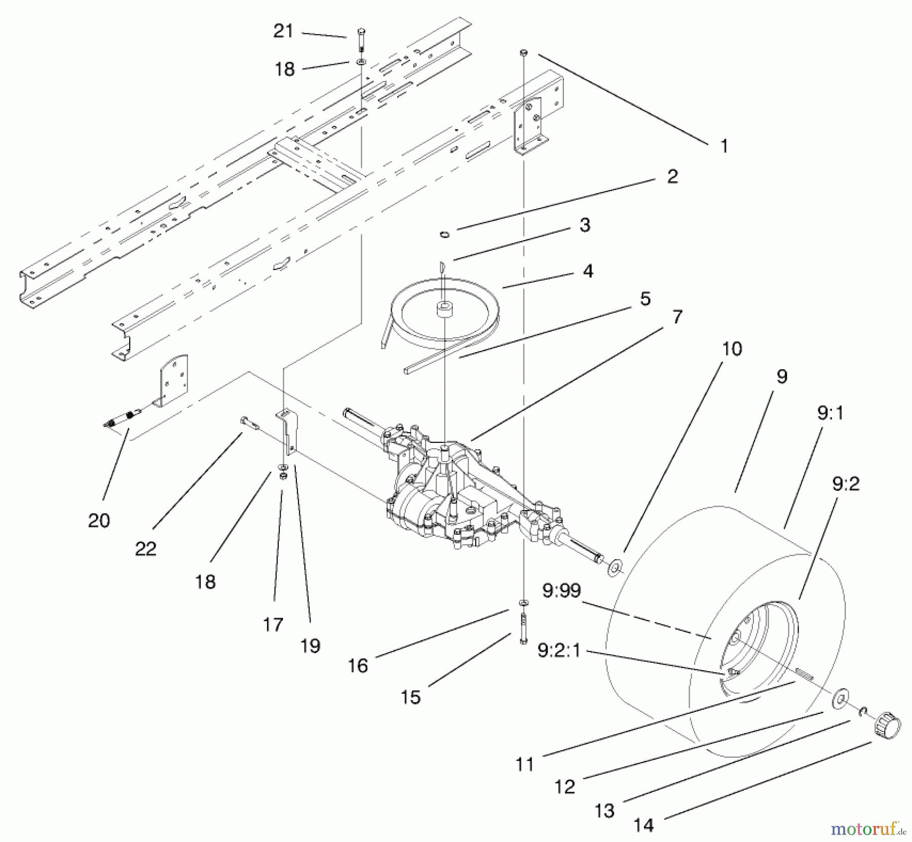  Toro Neu Mowers, Lawn & Garden Tractor Seite 1 71209 (13-32XLE) - Toro 13-32XLE Lawn Tractor, 1999 (9900001-9999999) 5 SPEED TRANSAXLE ASSEMBLY