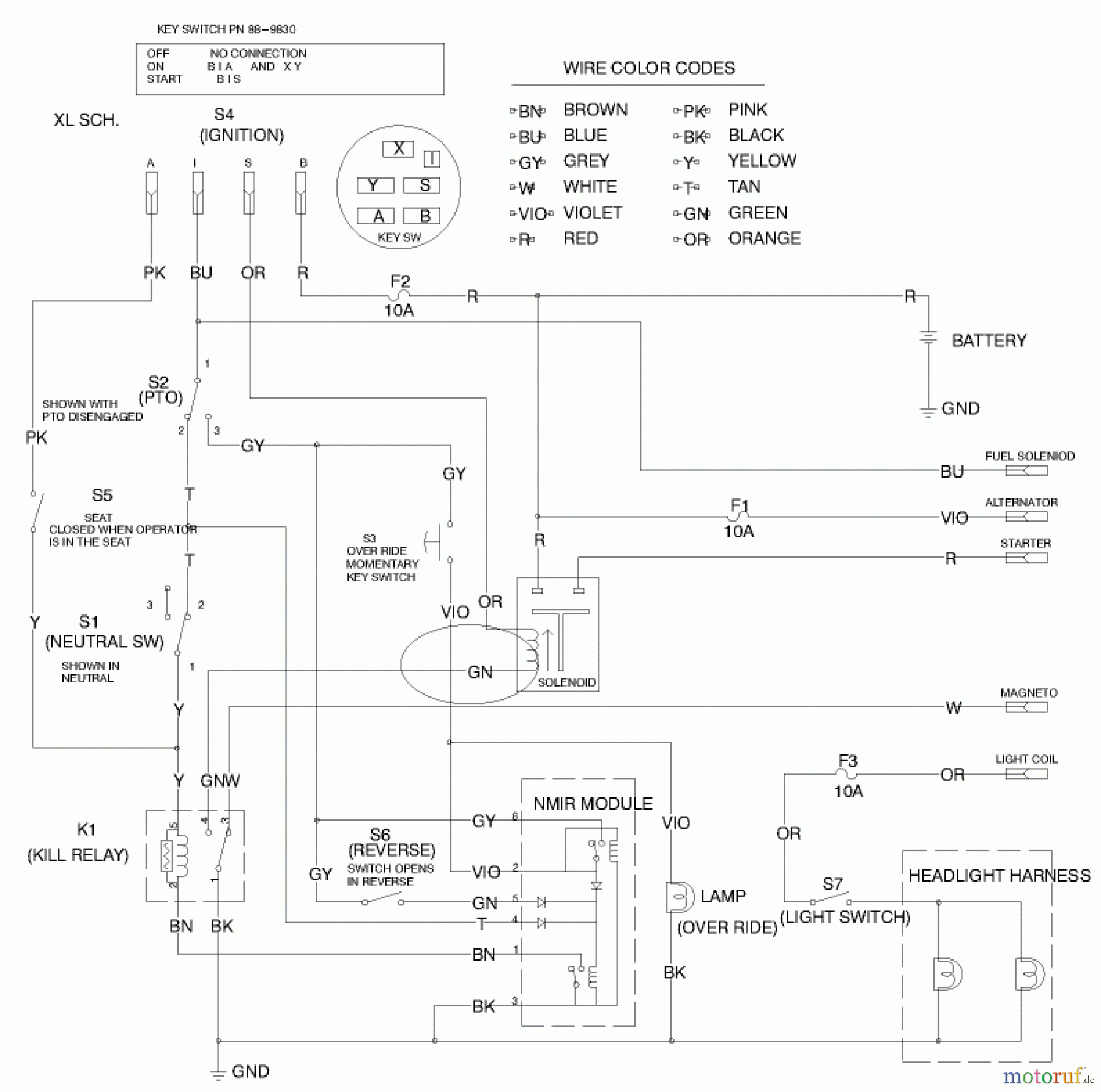  Toro Neu Mowers, Lawn & Garden Tractor Seite 1 71209 (13-32XLE) - Toro 13-32XLE Lawn Tractor, 1999 (9900001-9999999) WIRE SCHEMATIC