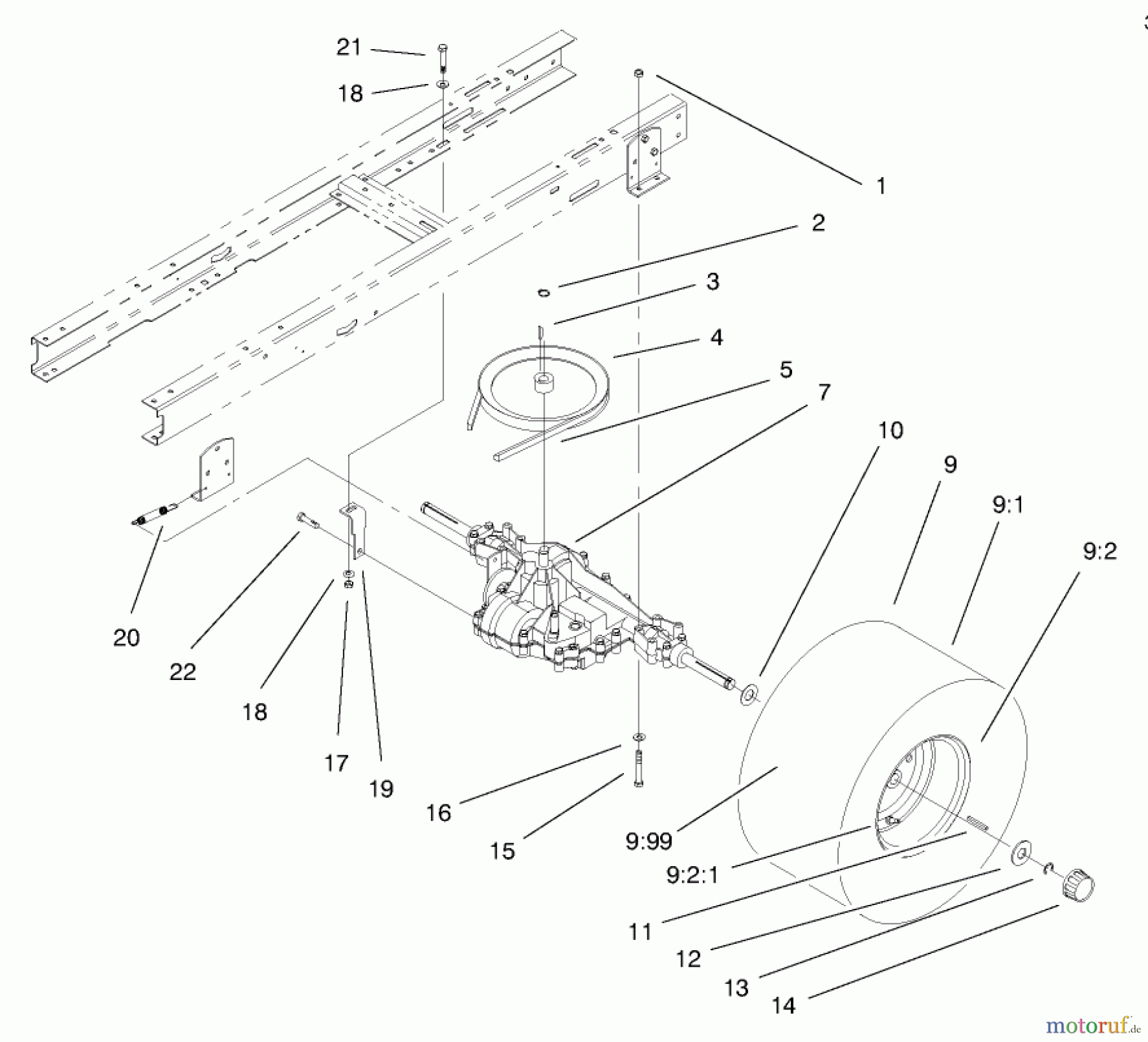  Toro Neu Mowers, Lawn & Garden Tractor Seite 1 71209 (13-32XLE) - Toro 13-32XLE Lawn Tractor, 2000 (200000001-200999999) 5 SPEED TRANSAXLE ASSEMBLY