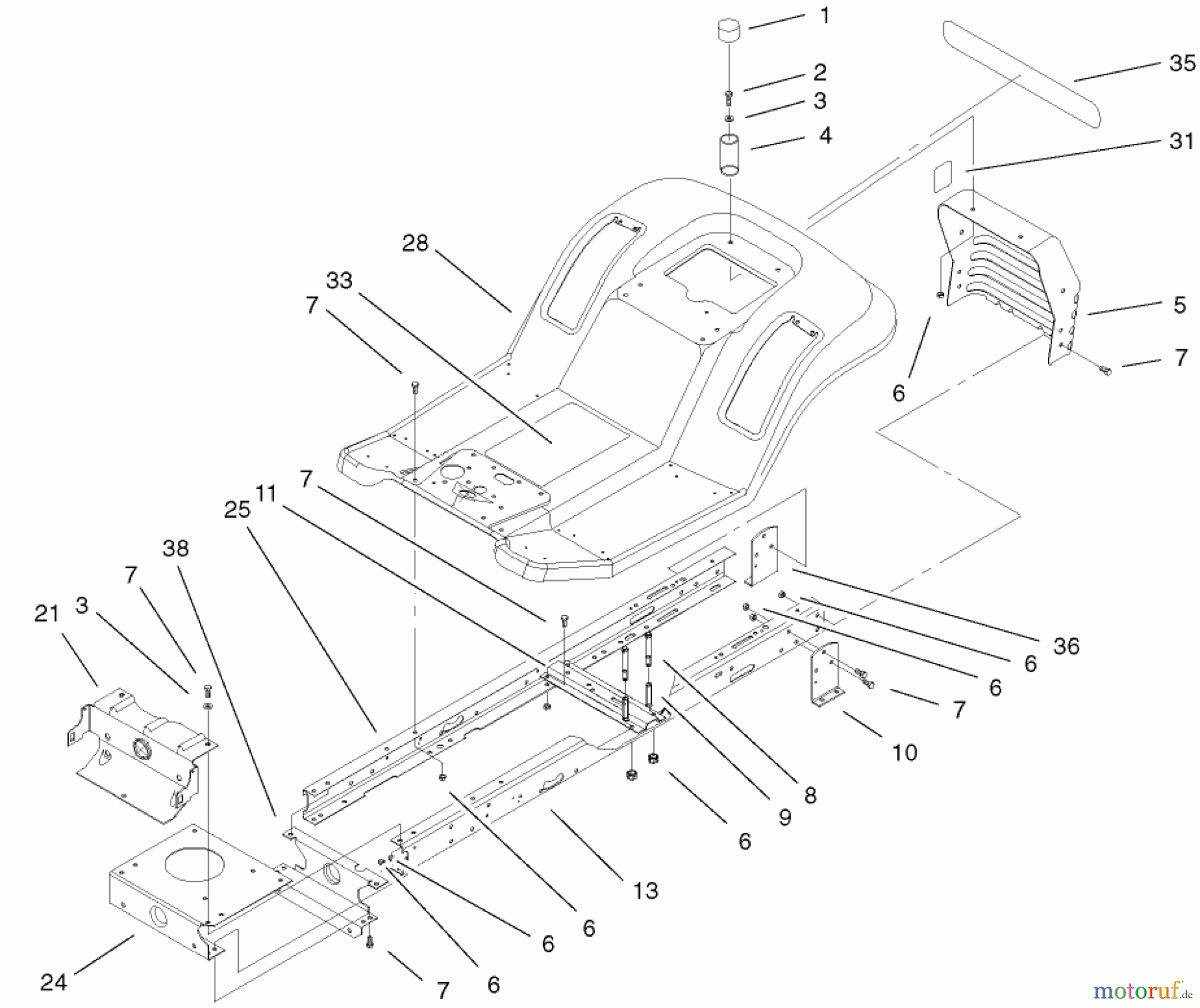  Toro Neu Mowers, Lawn & Garden Tractor Seite 1 71228 (17-44HXL) - Toro 17-44HXL Lawn Tractor, 2001 (210000001-210999999) FRAME AND BODY ASSEMBLY