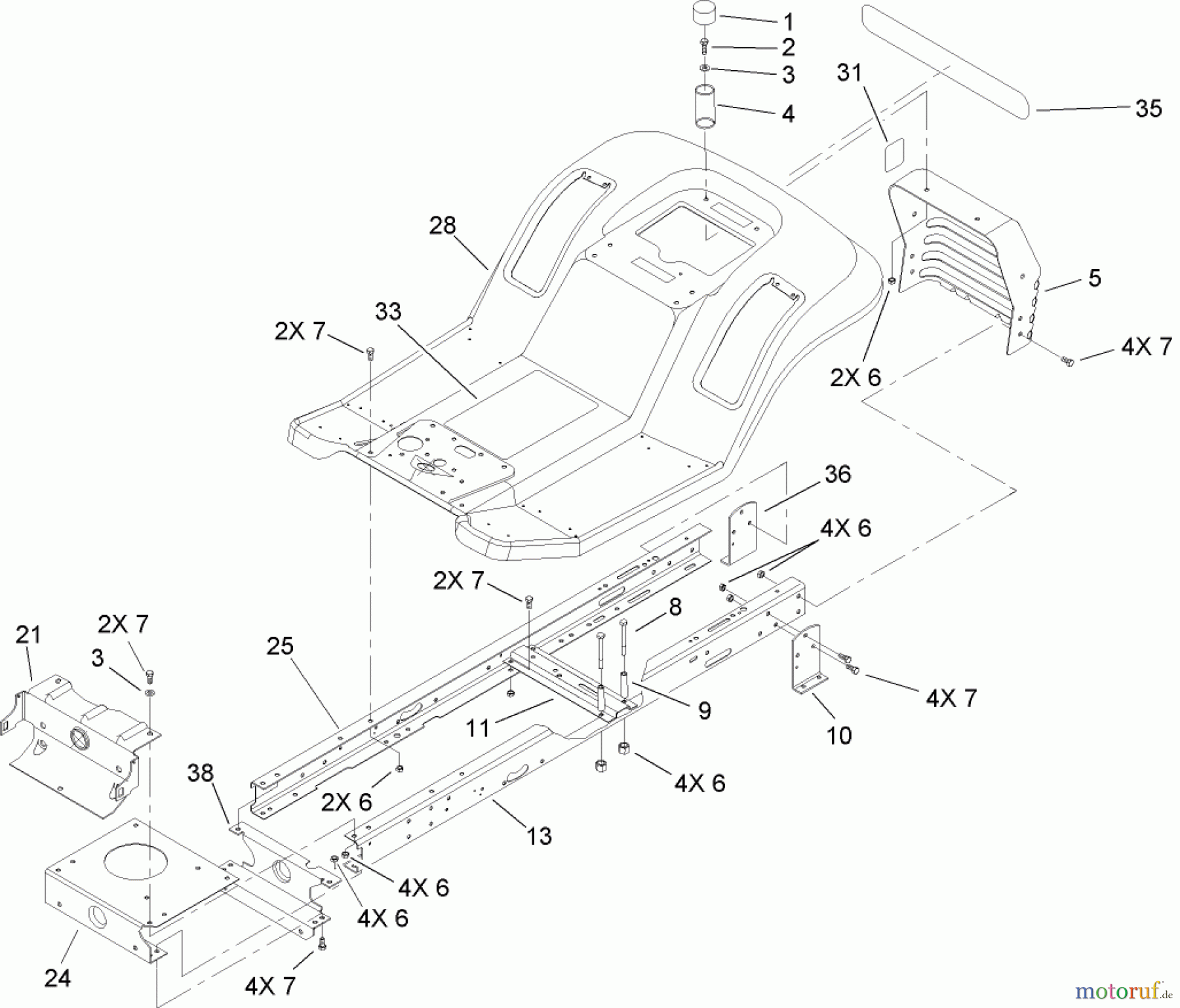  Toro Neu Mowers, Lawn & Garden Tractor Seite 1 71228 (17-44HXL) - Toro 17-44HXL Lawn Tractor, 2004 (240000001-240999999) FRAME AND BODY ASSEMBLY