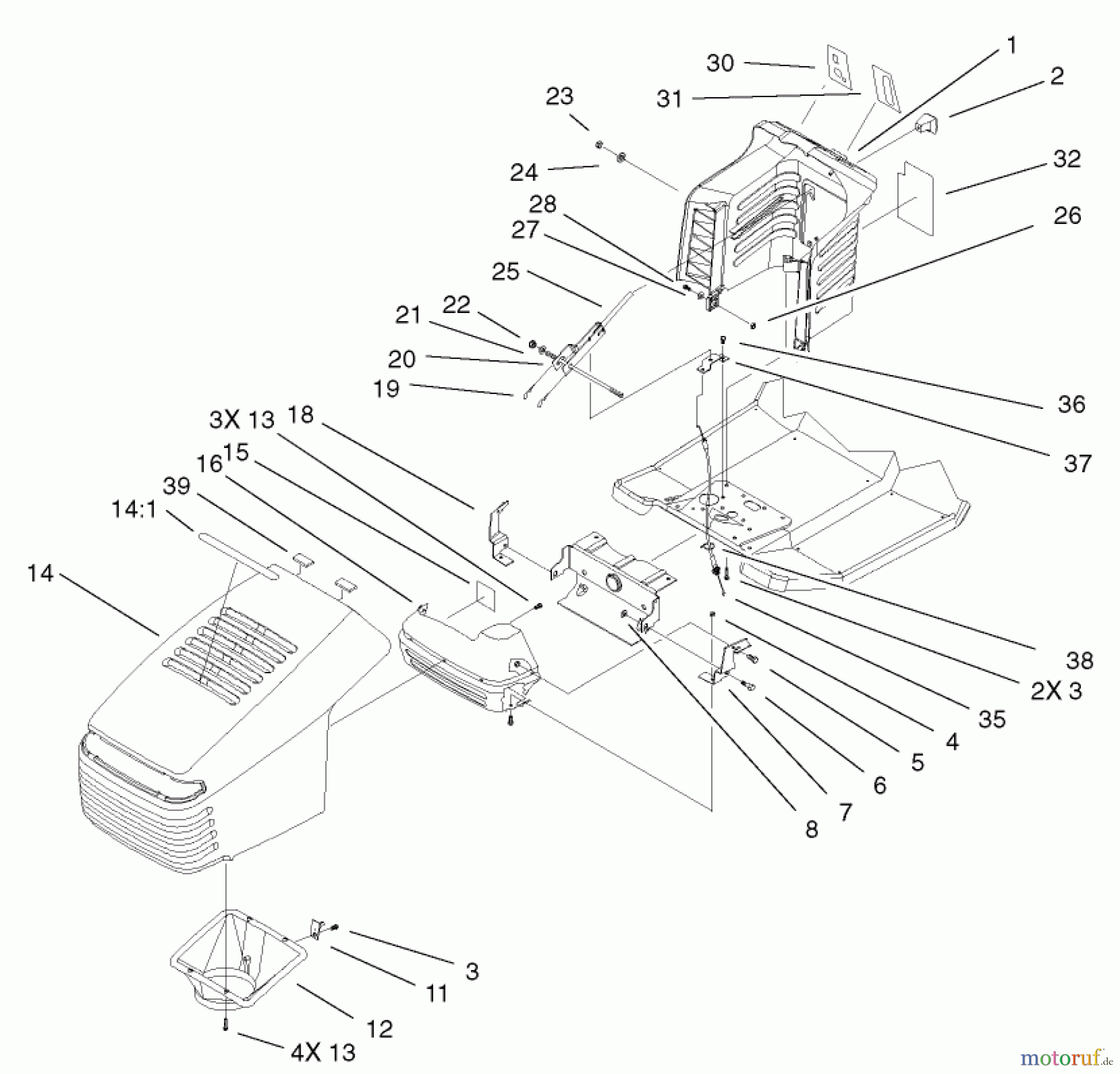  Toro Neu Mowers, Lawn & Garden Tractor Seite 1 71233 (17-44HXL) - Toro 17-44HXL Indy Special Edition Lawn Tractor, 2002 (220000001-220999999) HOOD AND TOWER ASSEMBLY