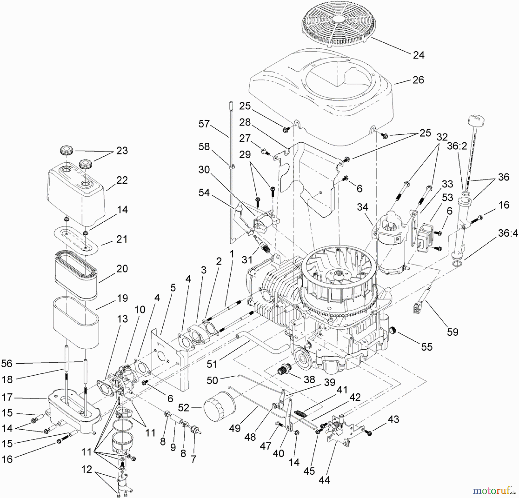  Toro Neu Mowers, Lawn & Garden Tractor Seite 1 71254 (XLS 380) - Toro XLS 380 Lawn Tractor, 2011 (311000001-311999999) CARBURETOR, STARTER AND FAN SHROUD ASSEMBLY