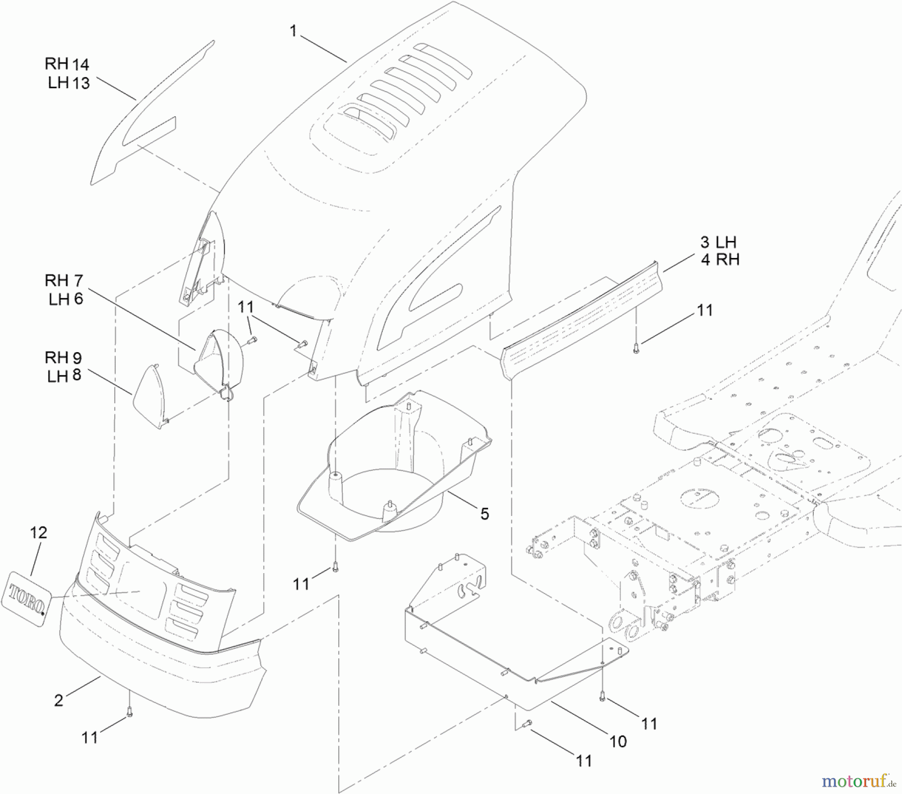  Toro Neu Mowers, Lawn & Garden Tractor Seite 1 71255 (XLS 420T) - Toro XLS 420T Lawn Tractor, 2011 (311000001-311999999) HOOD AND GRILL ASSEMBLY