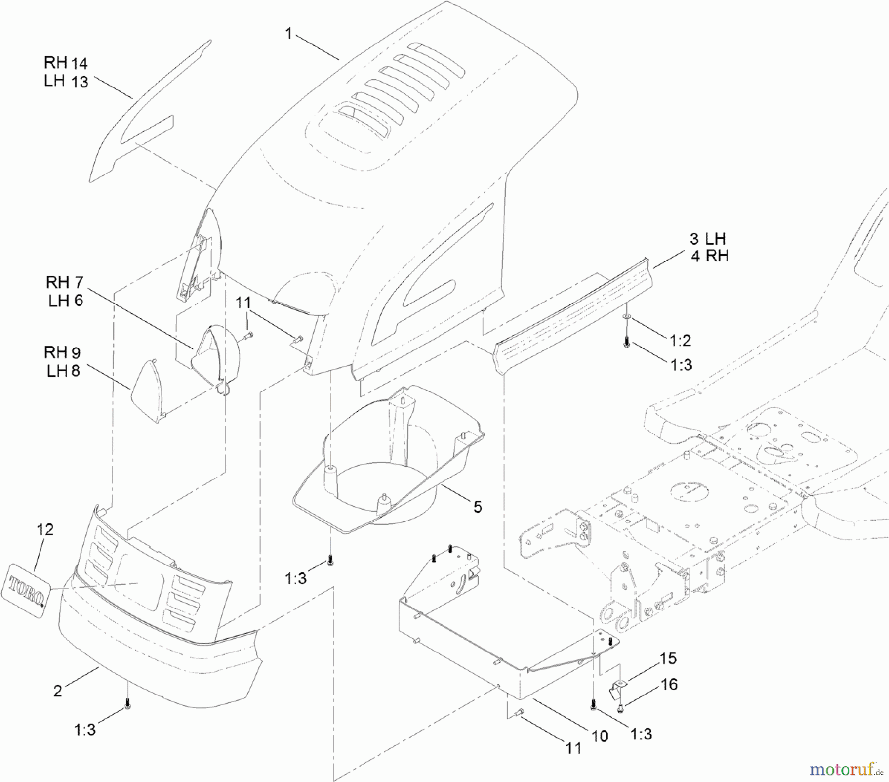  Toro Neu Mowers, Lawn & Garden Tractor Seite 1 71255 (XLS 420T) - Toro XLS 420T Lawn Tractor, 2012 (SN 312000001-312999999) HOOD AND GRILL ASSEMBLY