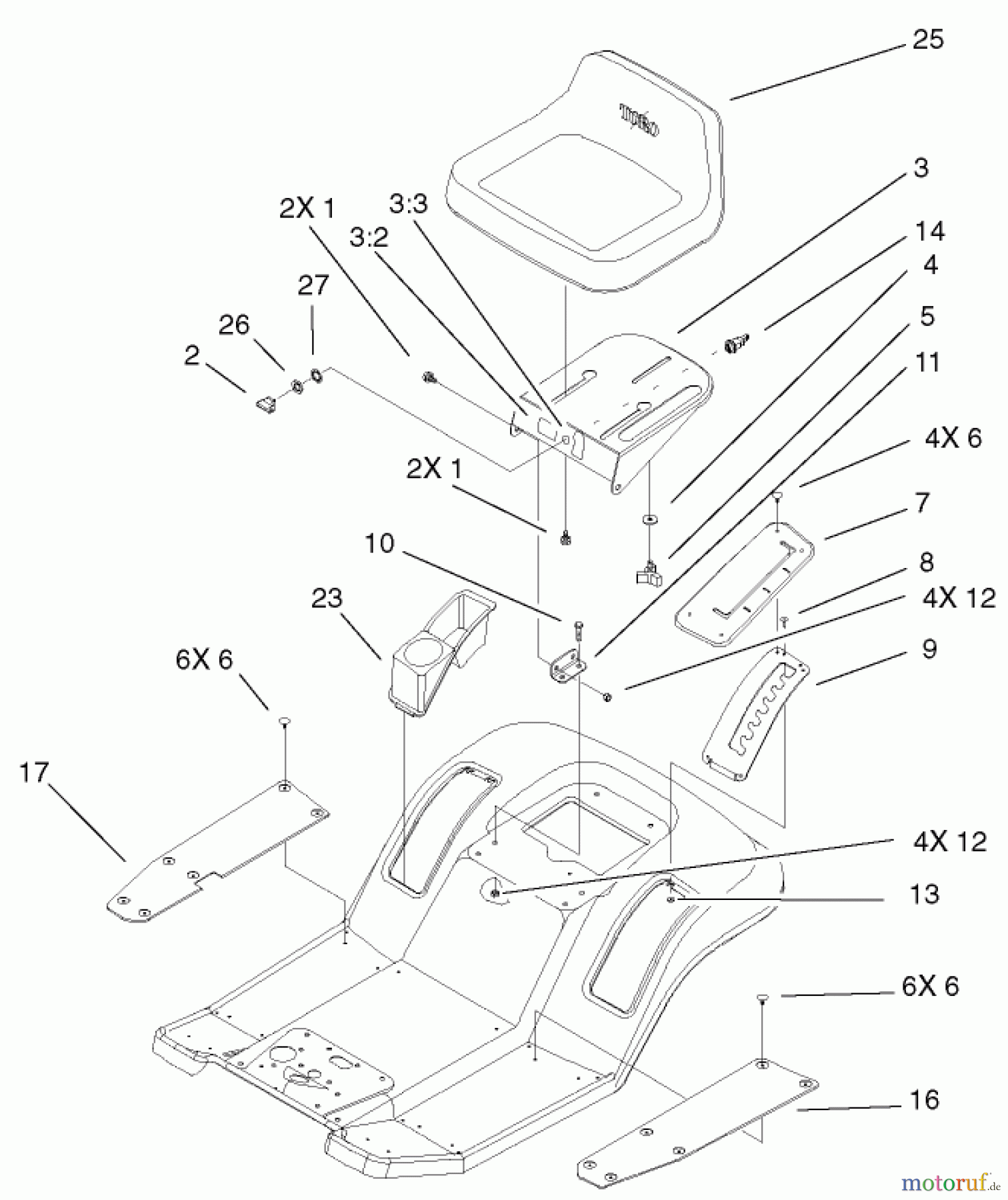  Toro Neu Mowers, Lawn & Garden Tractor Seite 1 71282 (17-44HXLE) - Toro 17-44HXLE Lawn Tractor, 2001 (210000001-210999999) REAR BODY & SEAT ASSEMBLY