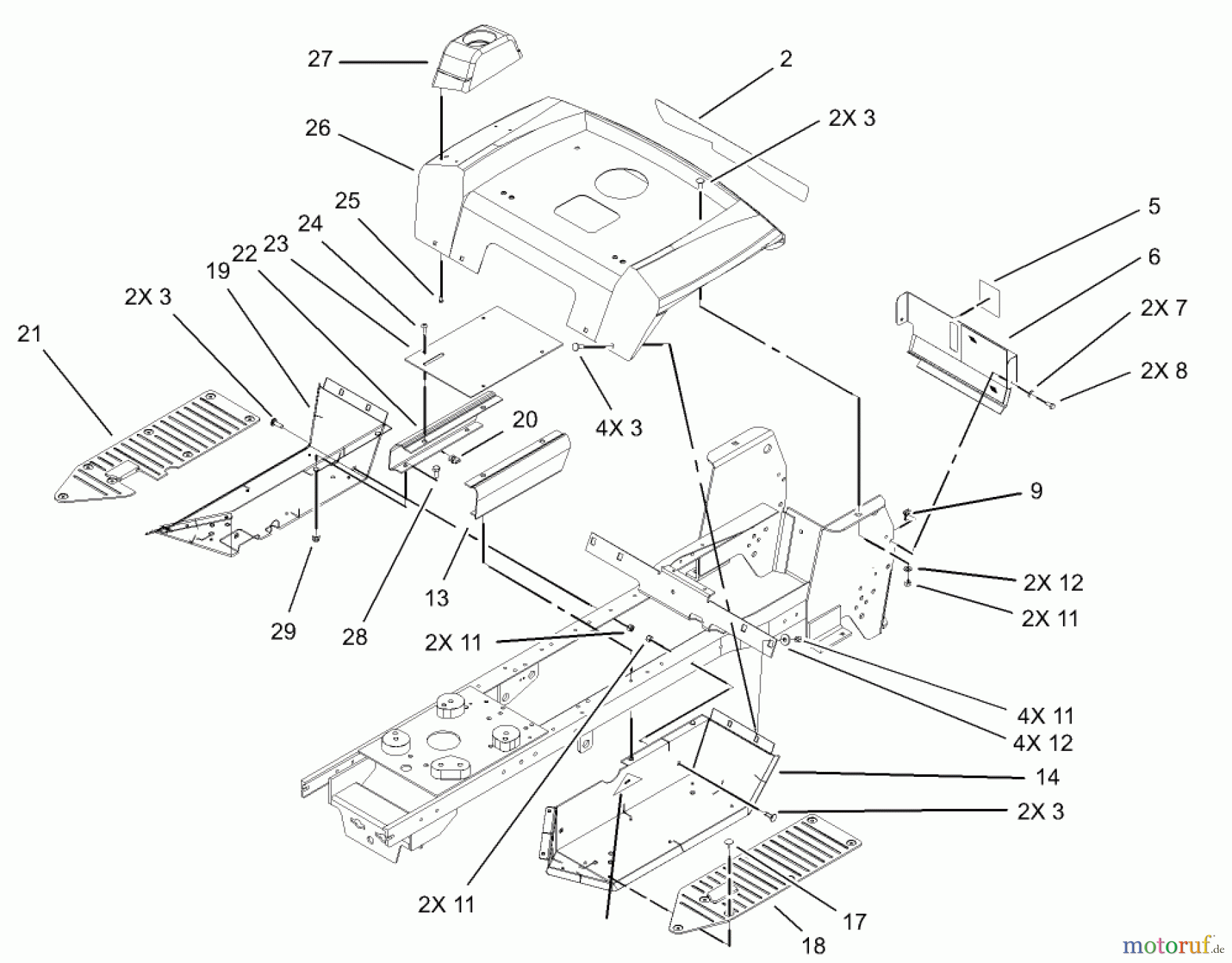  Toro Neu Mowers, Lawn & Garden Tractor Seite 1 72201 (417XT) - Toro 417XT Garden Tractor, 2003 (230000001-230999999) FENDER AND FOOTREST ASSEMBLY