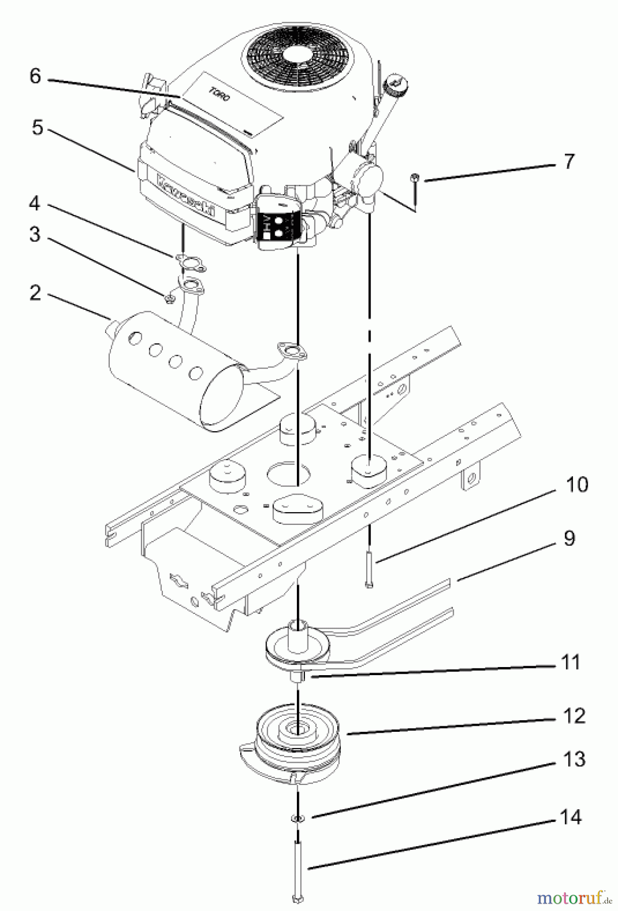  Toro Neu Mowers, Lawn & Garden Tractor Seite 1 72202 (419XT) - Toro 419XT Garden Tractor, 2003 (230000001-230999999) ENGINE AND MUFFLER ASSEMBLY