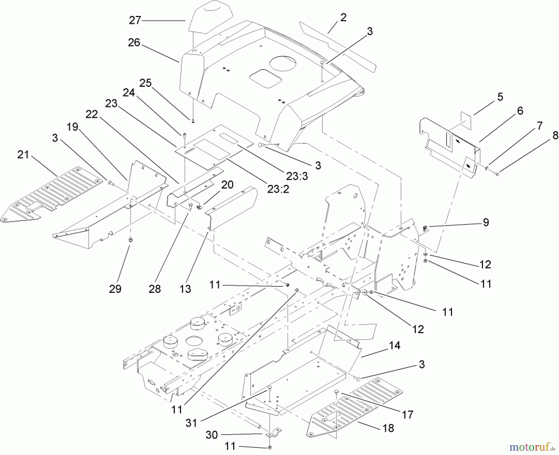  Toro Neu Mowers, Lawn & Garden Tractor Seite 1 72202 (430) - Toro 430 Garden Tractor, 2005 (250000001-250999999) FENDER AND FOOTREST ASSEMBLY