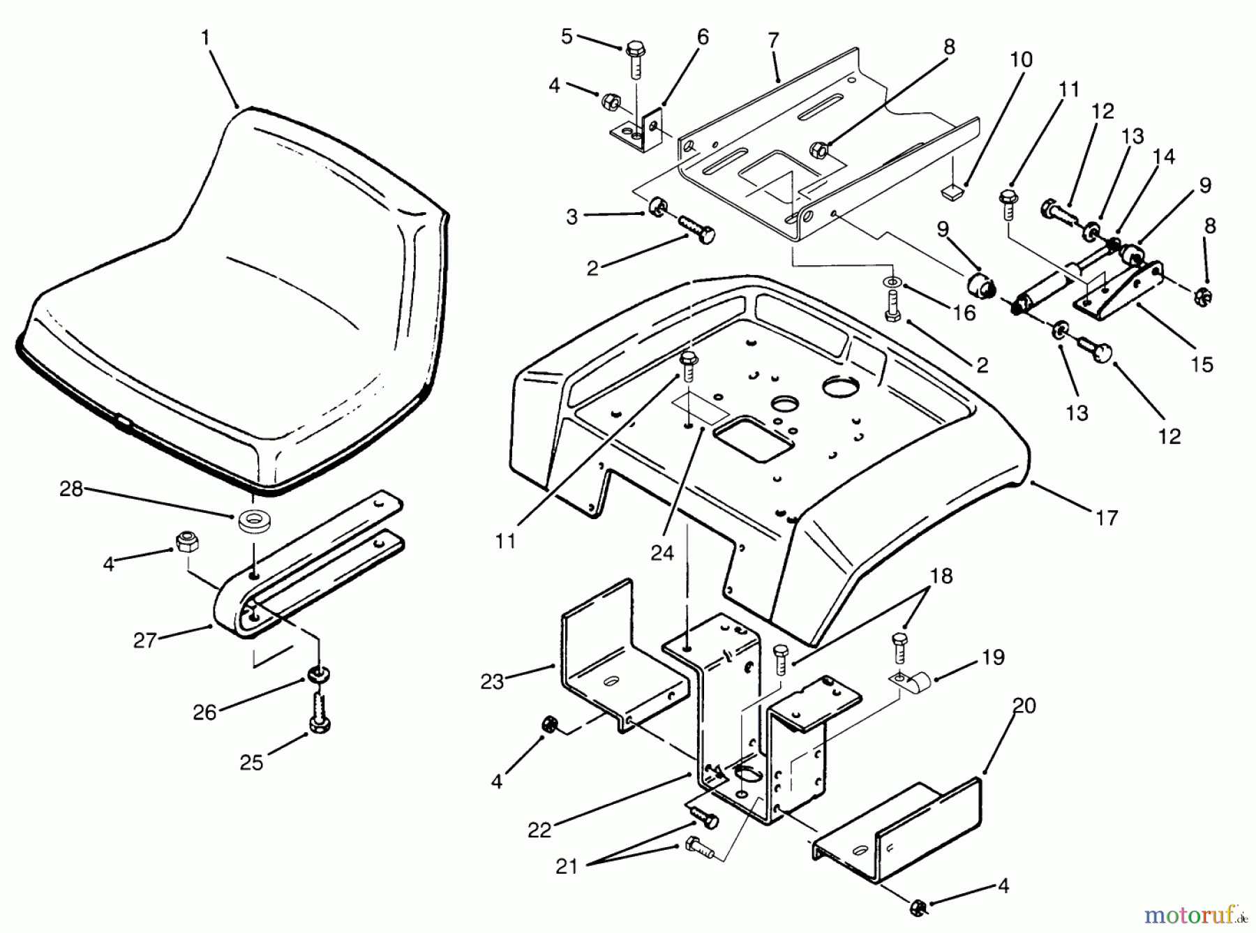  Toro Neu Mowers, Lawn & Garden Tractor Seite 1 73520 (520-H) - Toro 520-H Garden Tractor, 1995 (5900001-5900177) FENDER AND SEAT ASSEMBLY