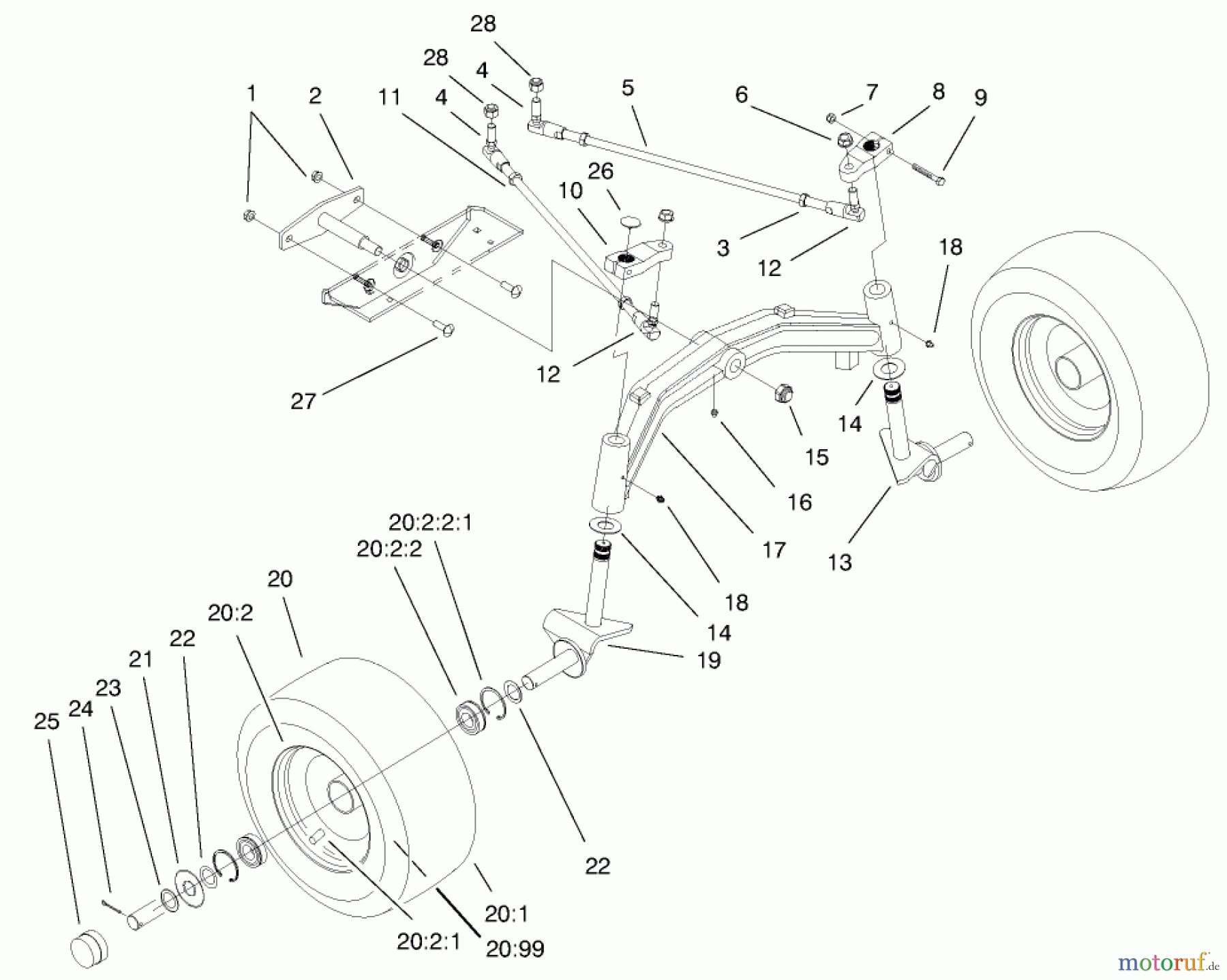  Toro Neu Mowers, Lawn & Garden Tractor Seite 1 73547 (520Lxi) - Toro 520Lxi Garden Tractor, 1999 (9900001-9999999) TIE RODS, SPINDLE, & FRONT AXLE ASSEMBLY