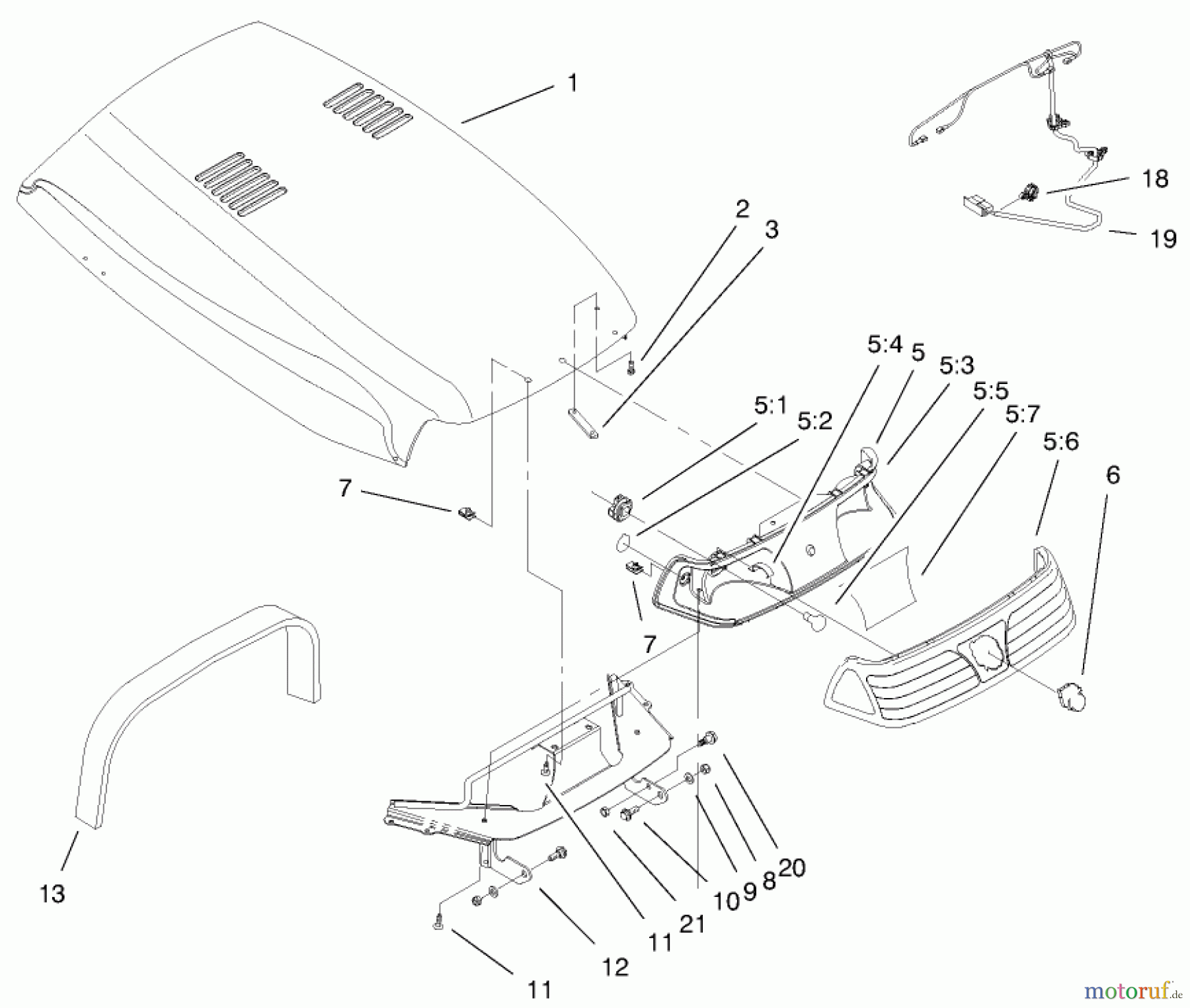  Toro Neu Mowers, Lawn & Garden Tractor Seite 1 73590 (523Dxi) - Toro 523Dxi Garden Tractor, 1999 (9900001-9999999) HOOD & HEADLIGHT ASSEMBLY