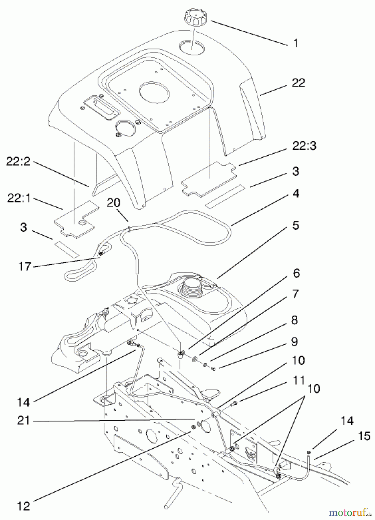  Toro Neu Mowers, Lawn & Garden Tractor Seite 1 73560 (522xi) - Toro 522xi Garden Tractor, 1998 (8900001-8999999) FENDER AND FUEL SYSTEM ASSEMBLY