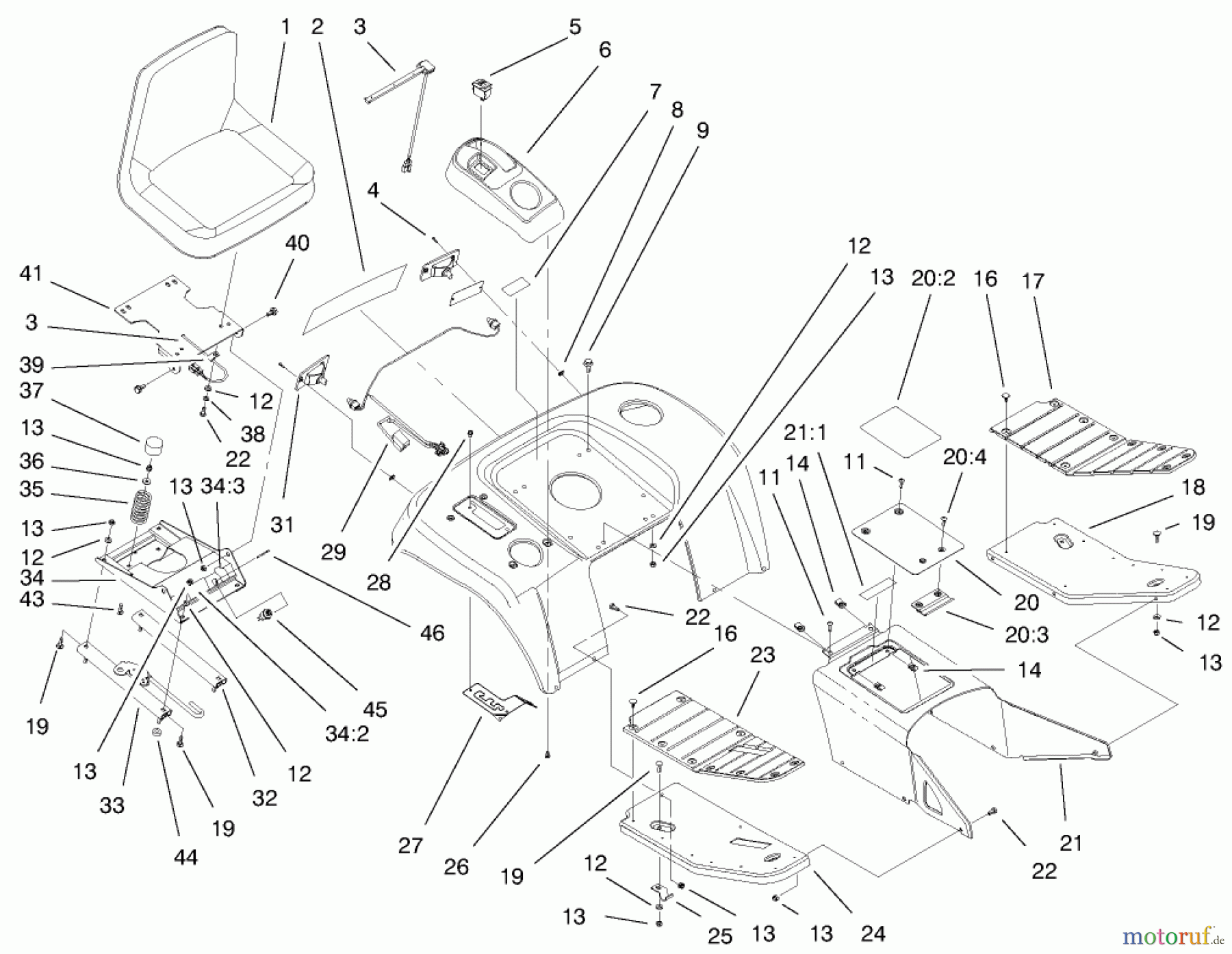  Toro Neu Mowers, Lawn & Garden Tractor Seite 1 73561 (522xi) - Toro 522xi Garden Tractor, 2000 (000000001-000999999) FENDER, FOOTREST, & SEAT ASSEMBLY