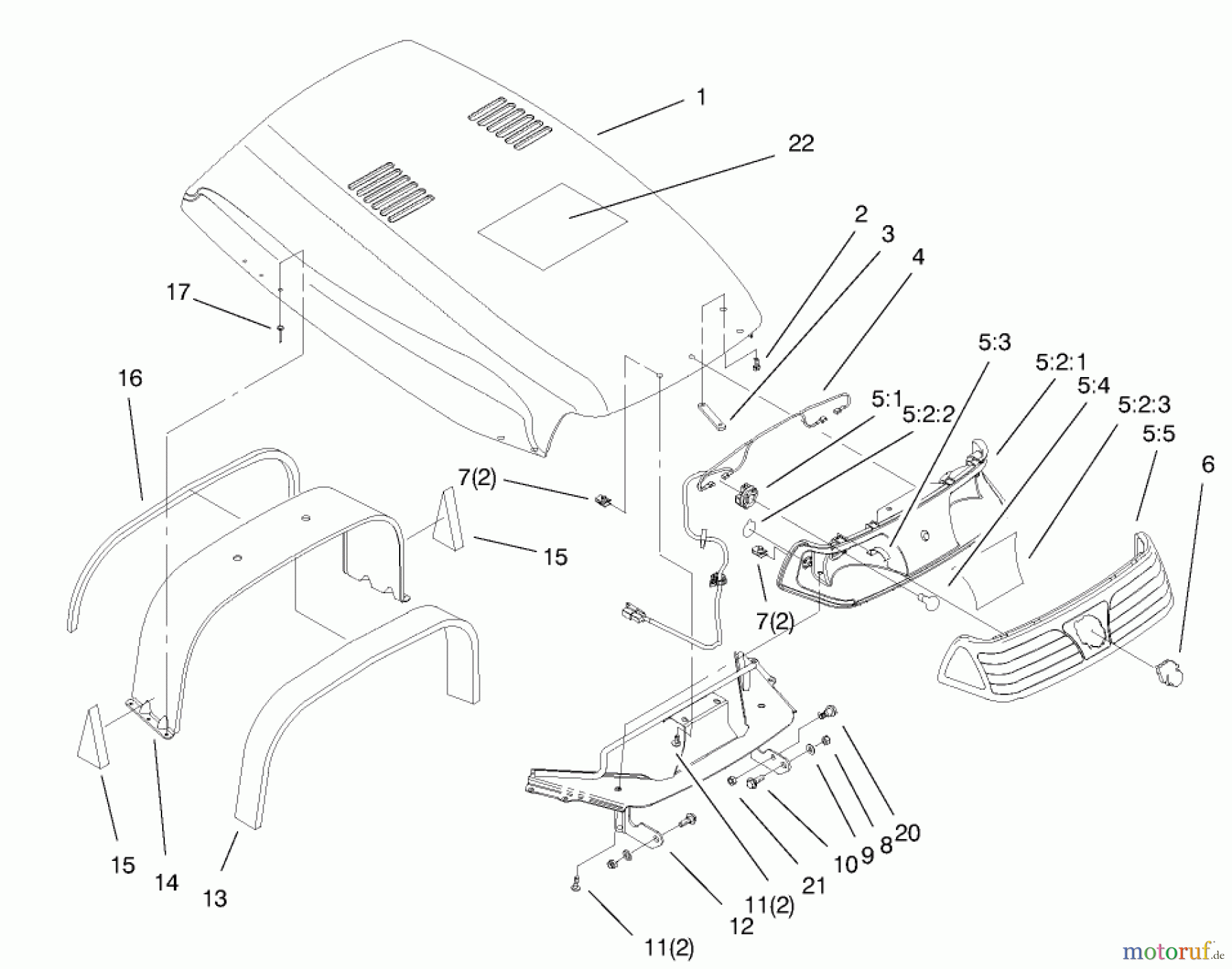  Toro Neu Mowers, Lawn & Garden Tractor Seite 1 73561 (522xi) - Toro 522xi Garden Tractor, 2000 (200000201-200999999) HOOD & HEADLIGHT ASSEMBLY